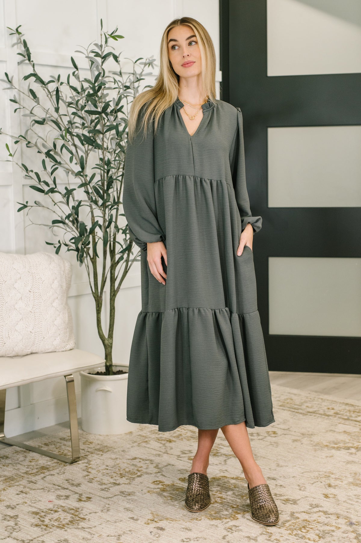 Every Single Touch V-Neck Tiered Dress in waffle knit