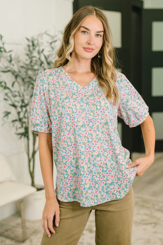 Everything in My Power floral puff sleeve blouse in waffle knit