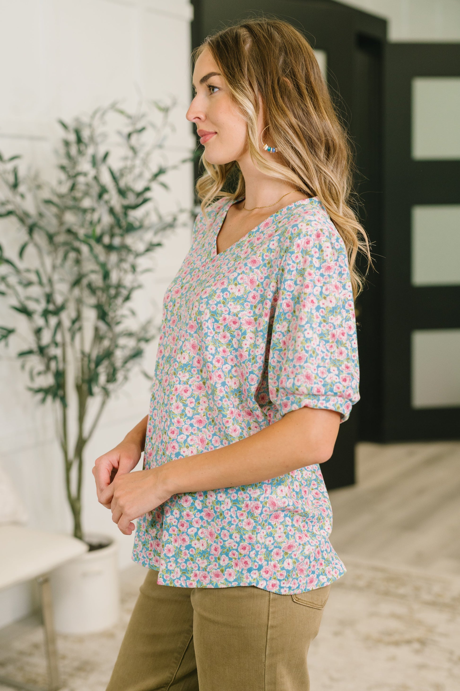 Everything in My Power floral puff sleeve blouse in waffle knit – alternate view 4