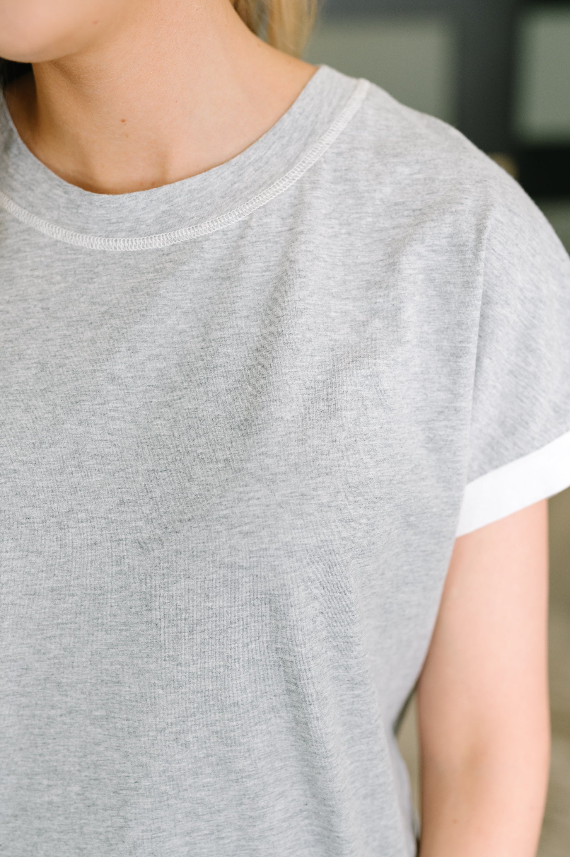 Feel Alright  Two Tone Contrast in Heather Grey – soft jersey knit with stretch, dolman sleeve top – alternate view 2