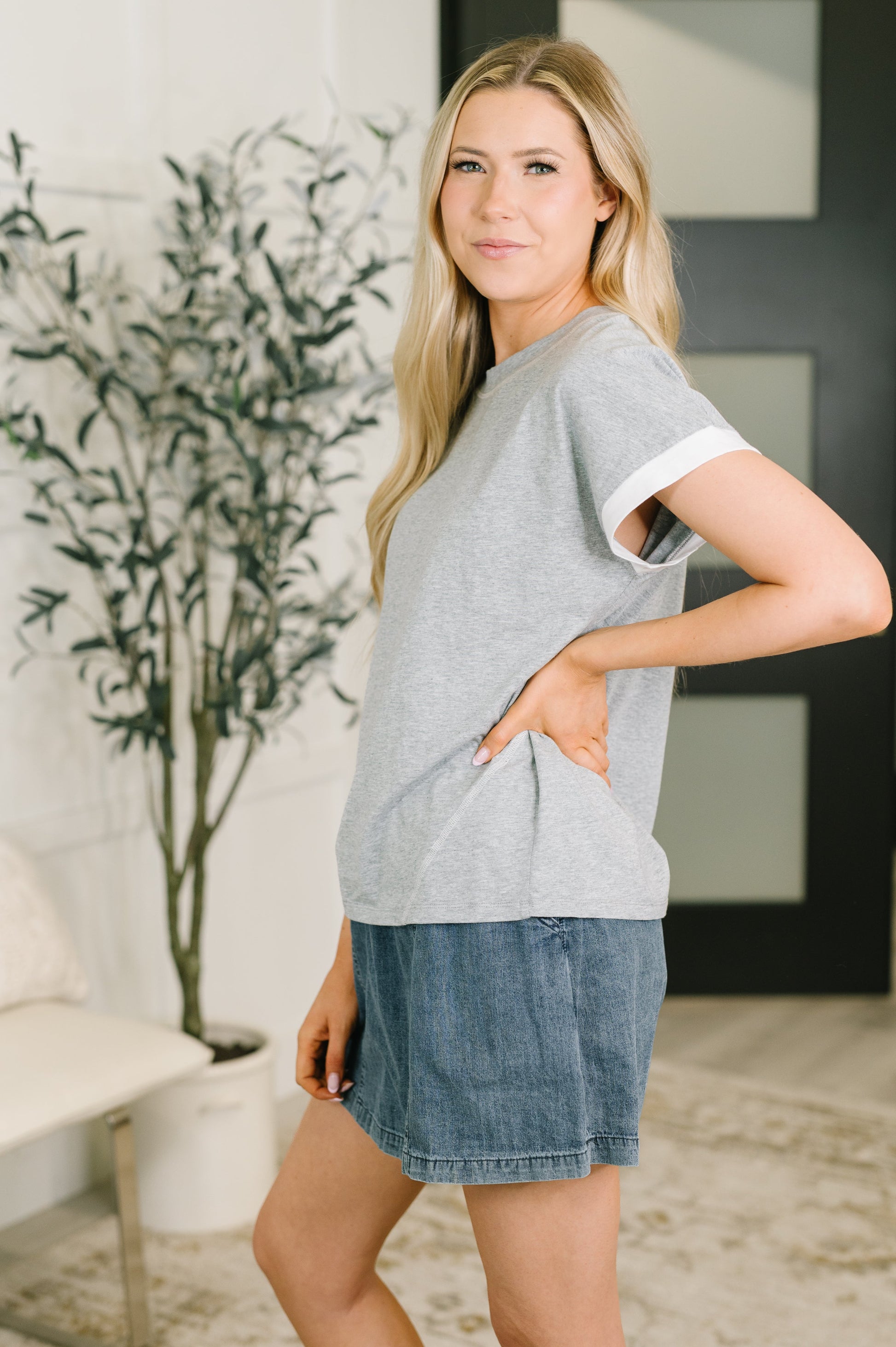Feel Alright  Two Tone Contrast in Heather Grey – soft jersey knit with stretch, dolman sleeve top – alternate view 4