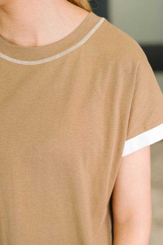 Feel Alright  Two Tone Contrast in Mocha – soft jersey knit with stretch, dolman sleeve top – alternate view 2