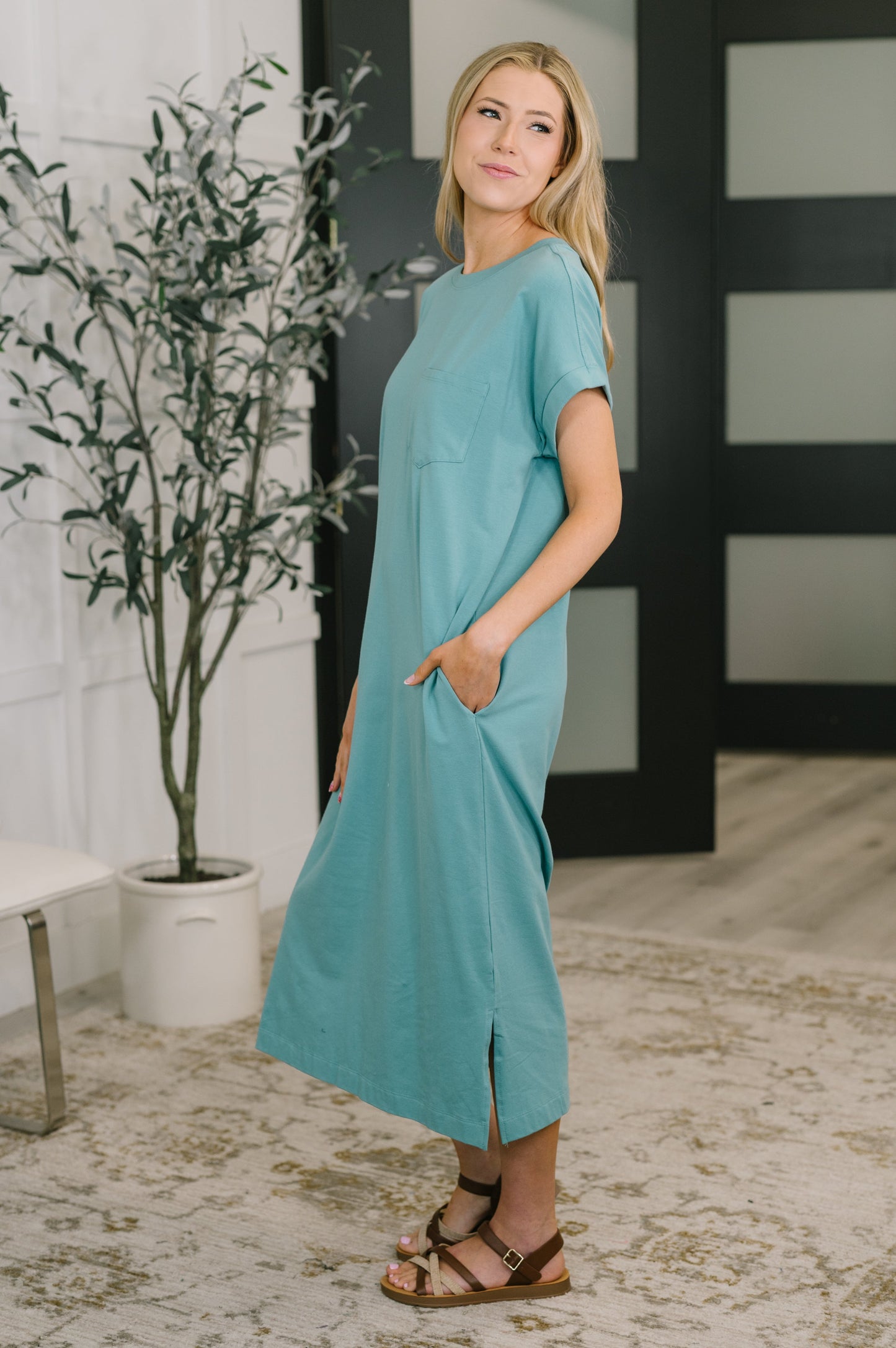 Fix You Right Up short sleeve midi dress in dusty teal jersey knit – alternate view 3