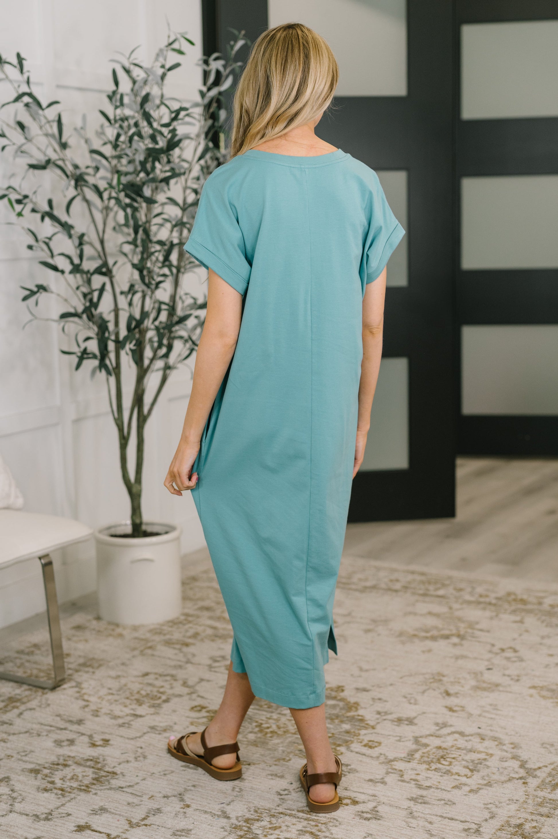 Fix You Right Up short sleeve midi dress in dusty teal jersey knit – alternate view 4