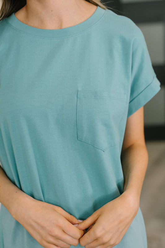 Fix You Right Up short sleeve midi dress in dusty teal jersey knit – alternate view 2