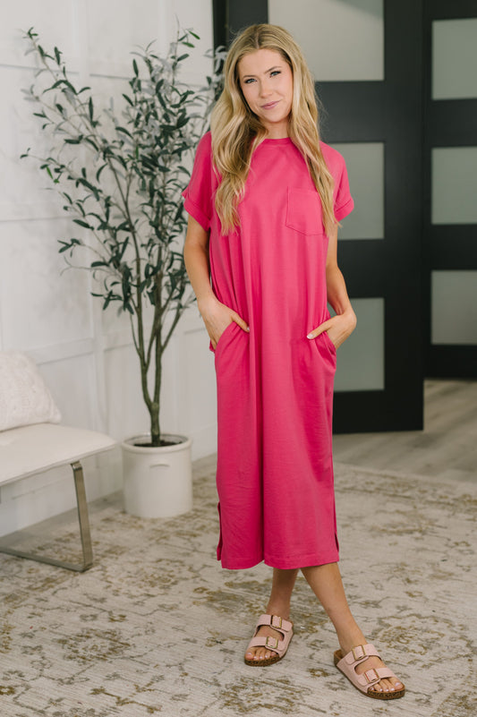 Fix You Right Up short sleeve midi dress in hot pink jersey knit