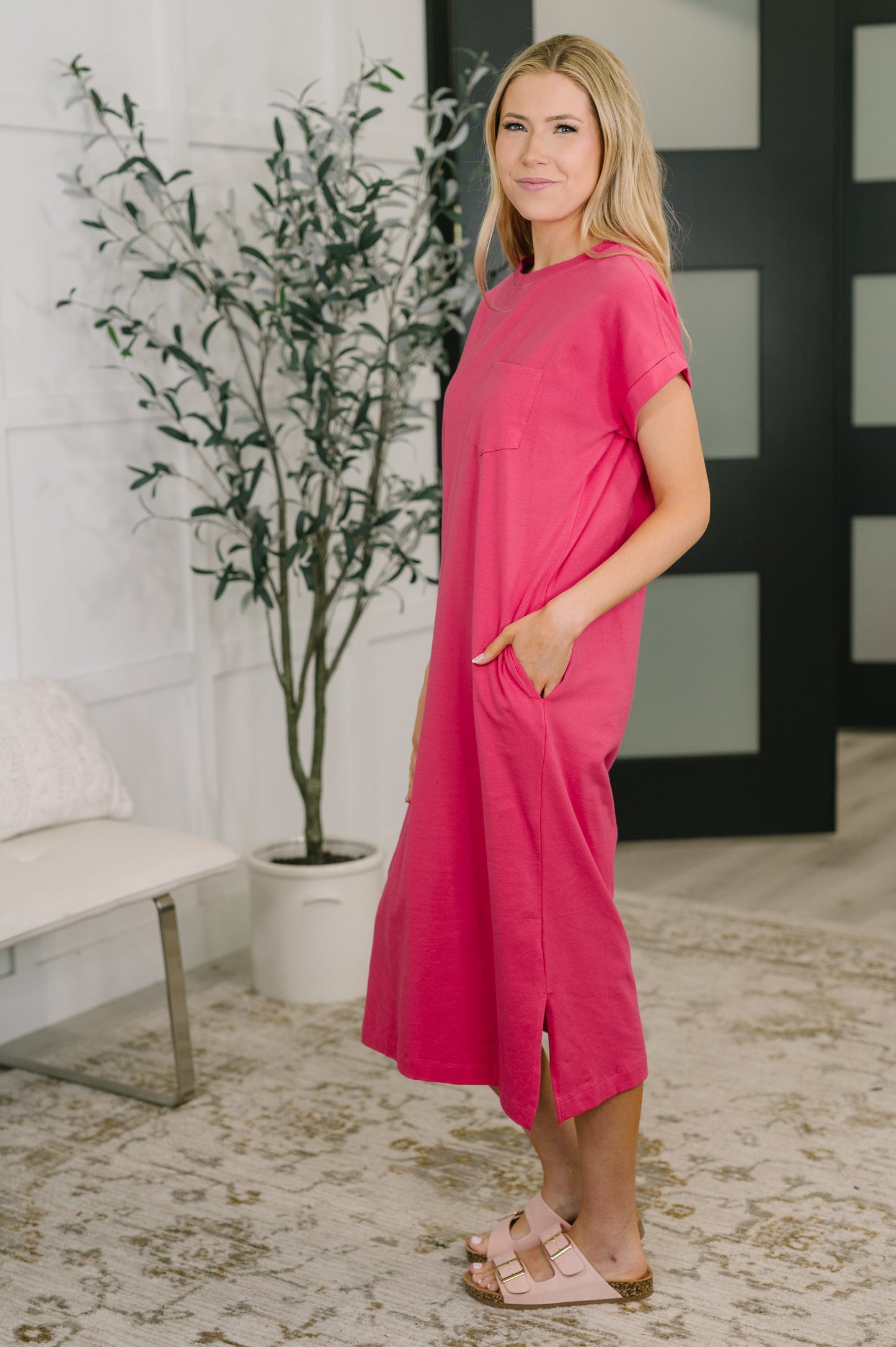 Fix You Right Up short sleeve midi dress in hot pink jersey knit – alternate view 3