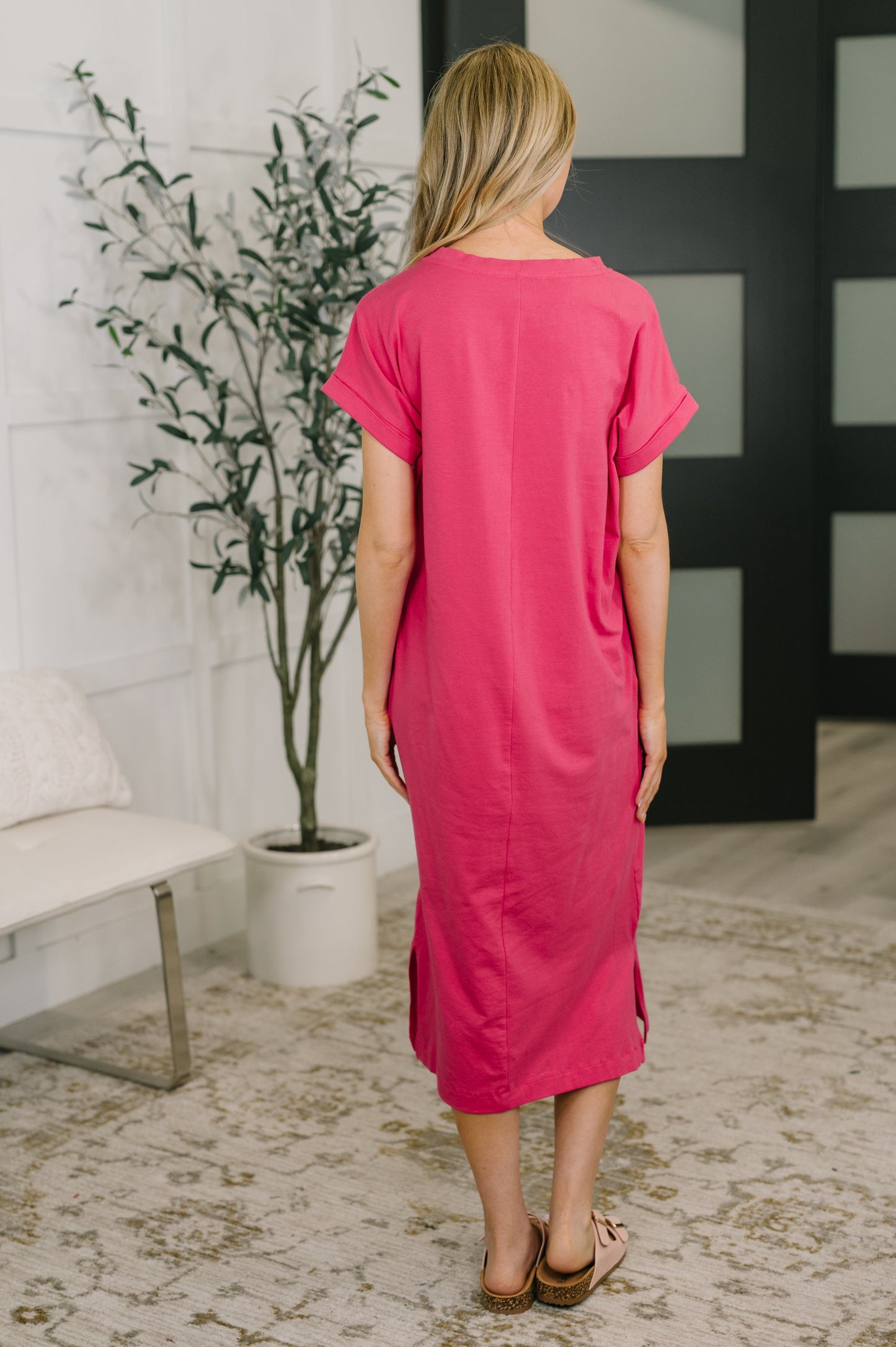 Fix You Right Up short sleeve midi dress in hot pink jersey knit – alternate view 4