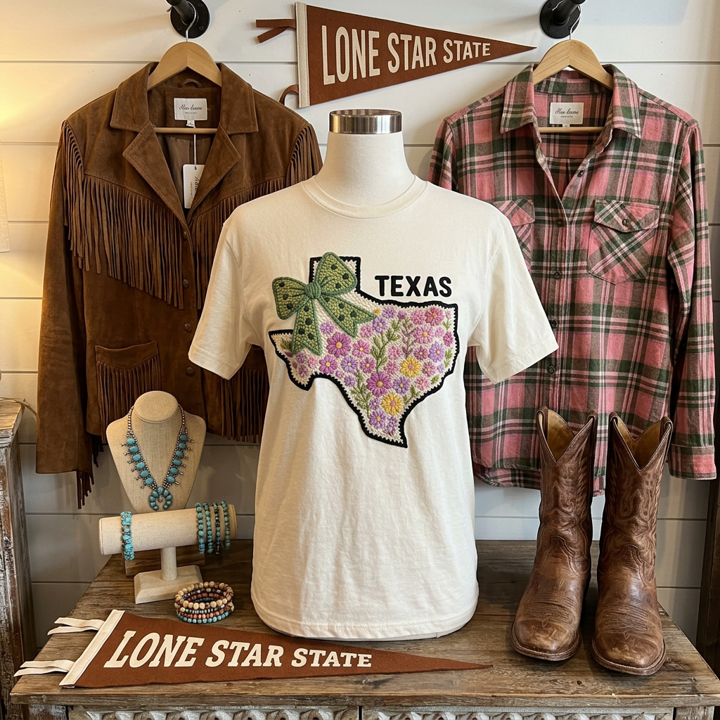 White t-shirt with Texas design, brown jacket, plaid shirt, boots, and jewelry on a wooden table with 'Lone Star State' signs.