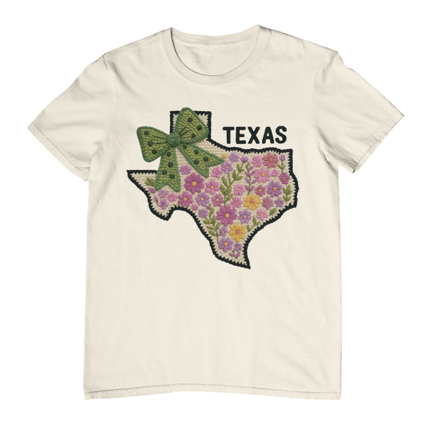 Beige t-shirt with a floral Texas map design on a white background