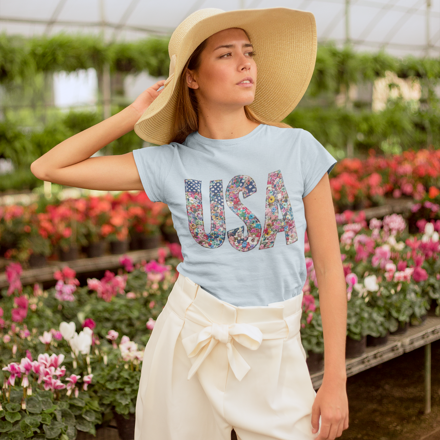 Floral Patchwork USA Graphic Tee T-shirt Tea Shirt Shoppe S Light Blue