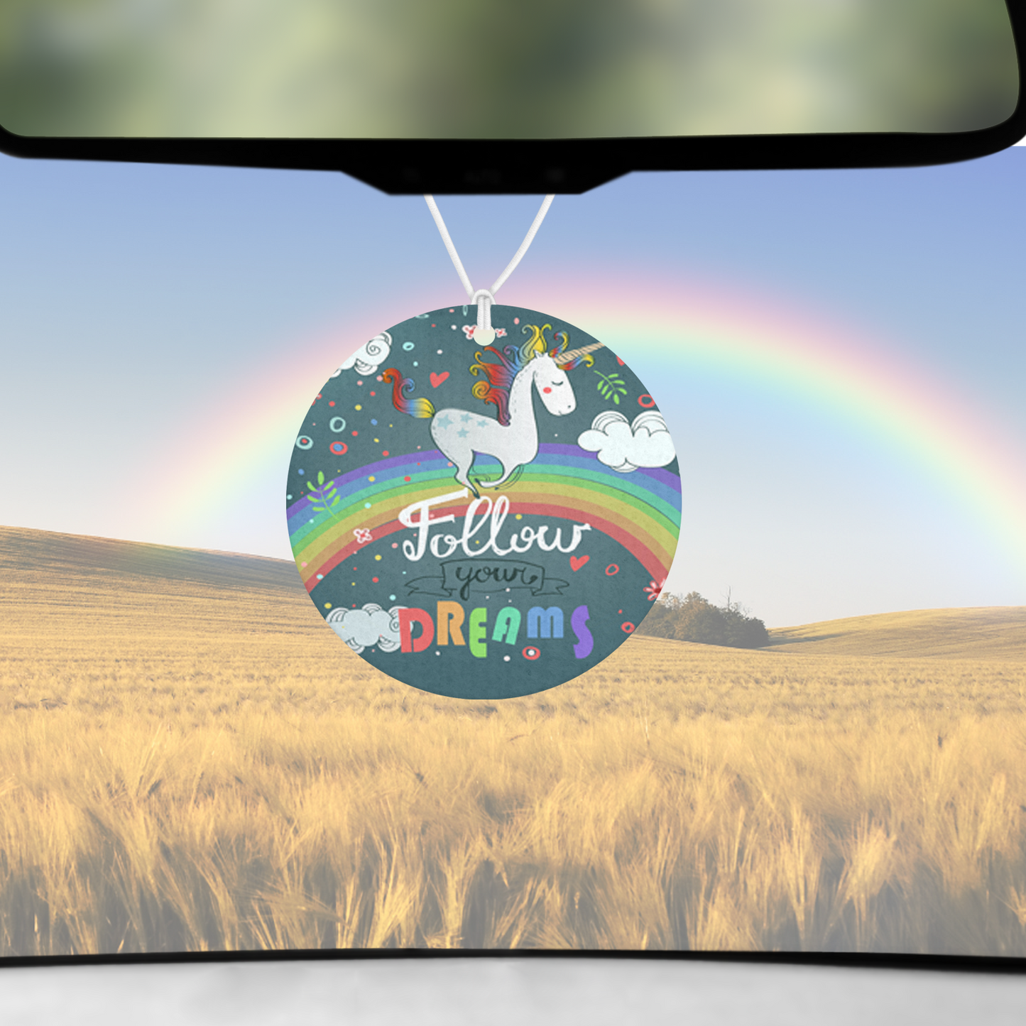 Follow Your Dreams Unicorn Re-Scentable Round Car Freshener car freshie Tea Shirt Shoppe