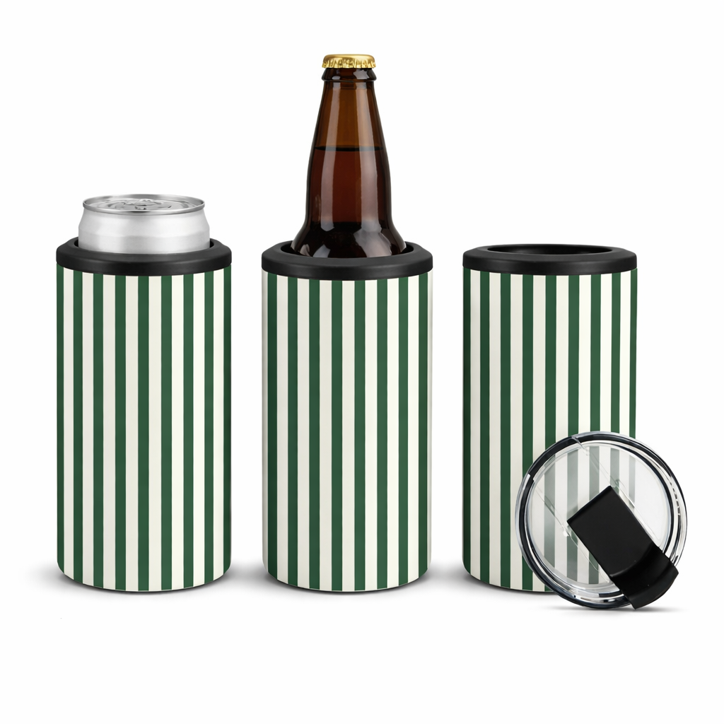 Green and white striped can coolers with a bottle and can on a white background