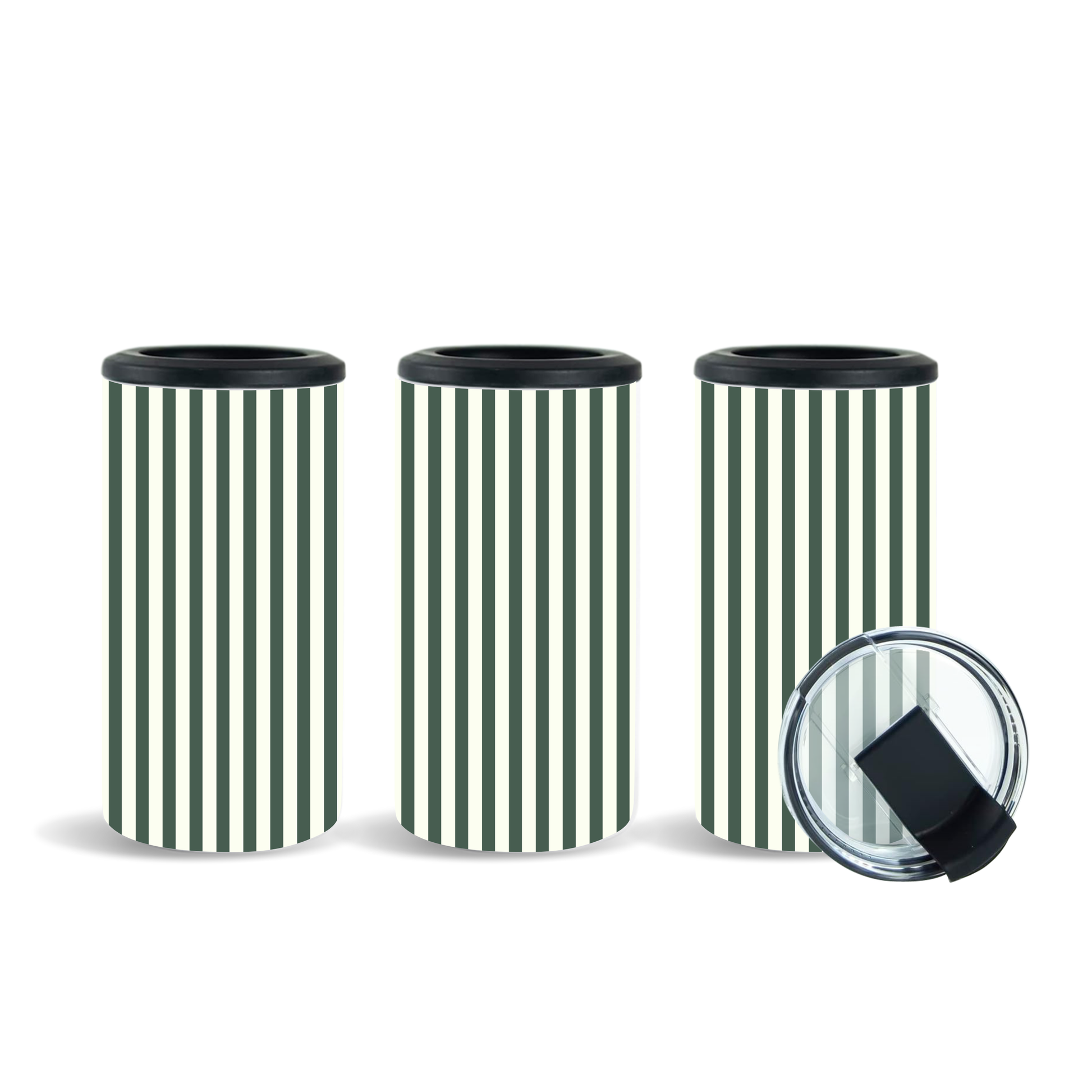 Three cylindrical containers with green and white striped pattern and black lids on a white background.