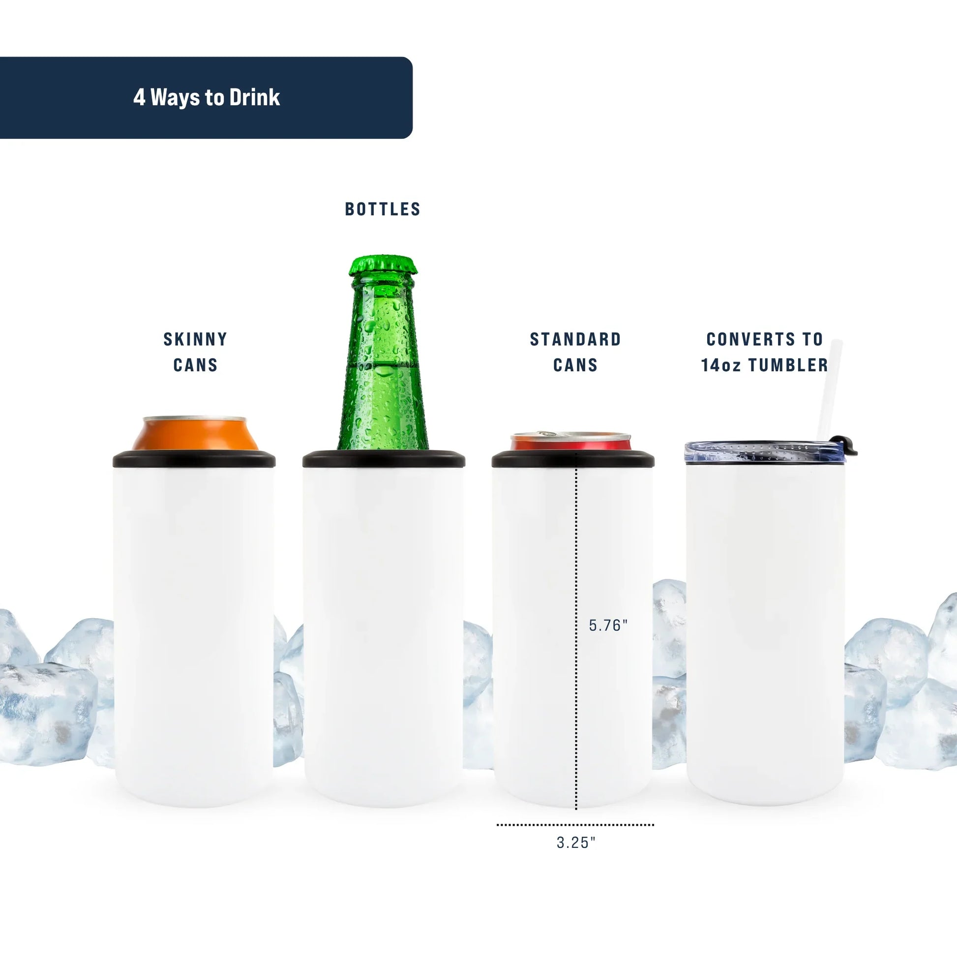 Multifunctional drink sleeve with various uses including bottles, skinny cans, standard cans, and 14oz tumblers, with ice cubes in the background.