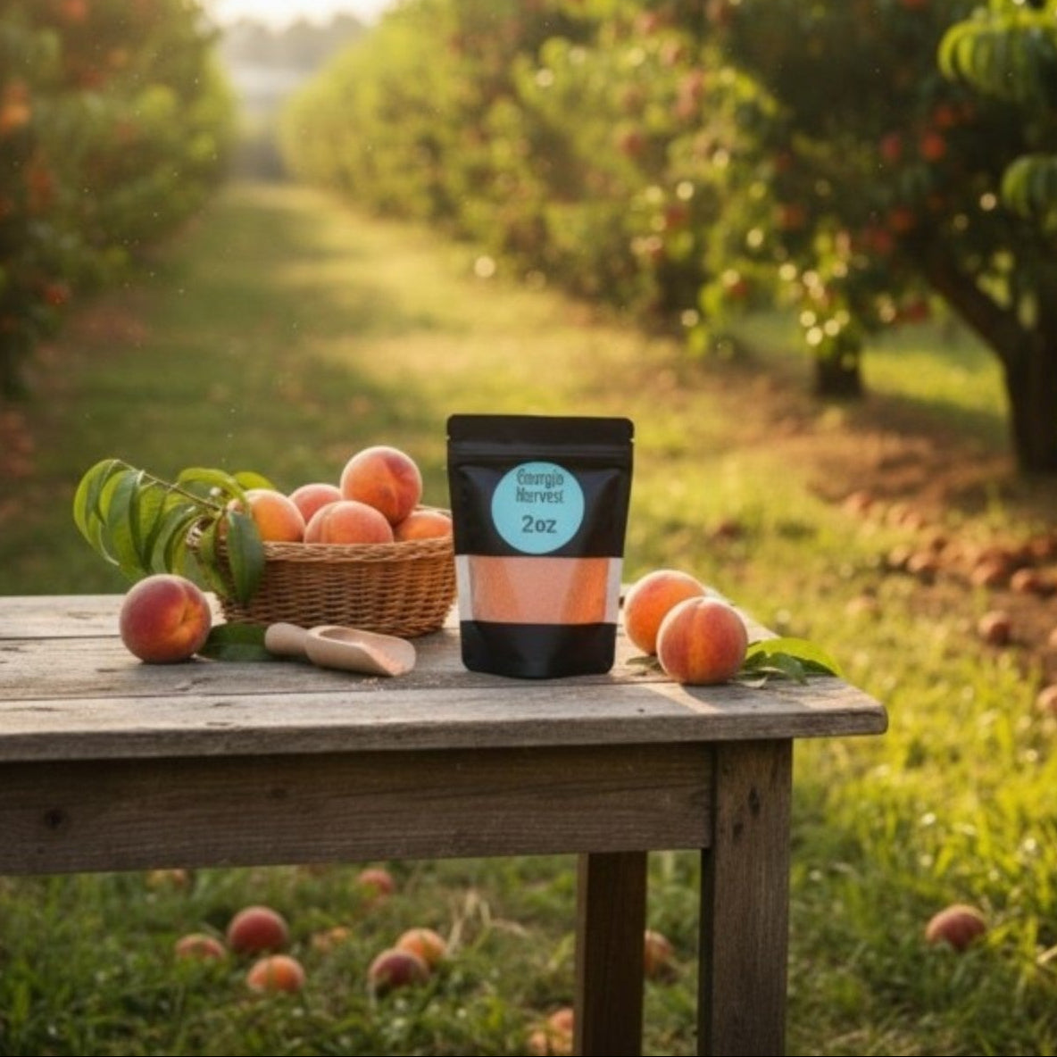 Peaches on a wooden table with a bag labeled 'Peach' in an orchard setting.