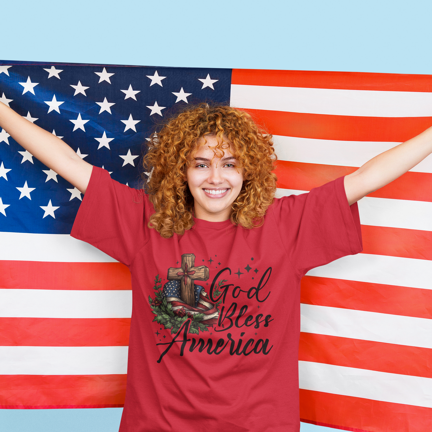 God Bless America Cross Graphic Tee T-shirt Tea Shirt Shoppe S Red