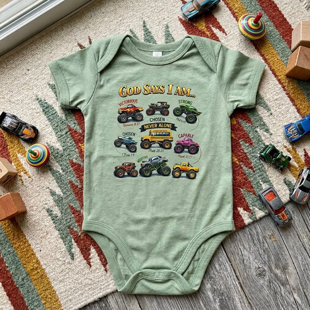 Green baby onesie with vehicle graphics and text on a colorful rug with toys around