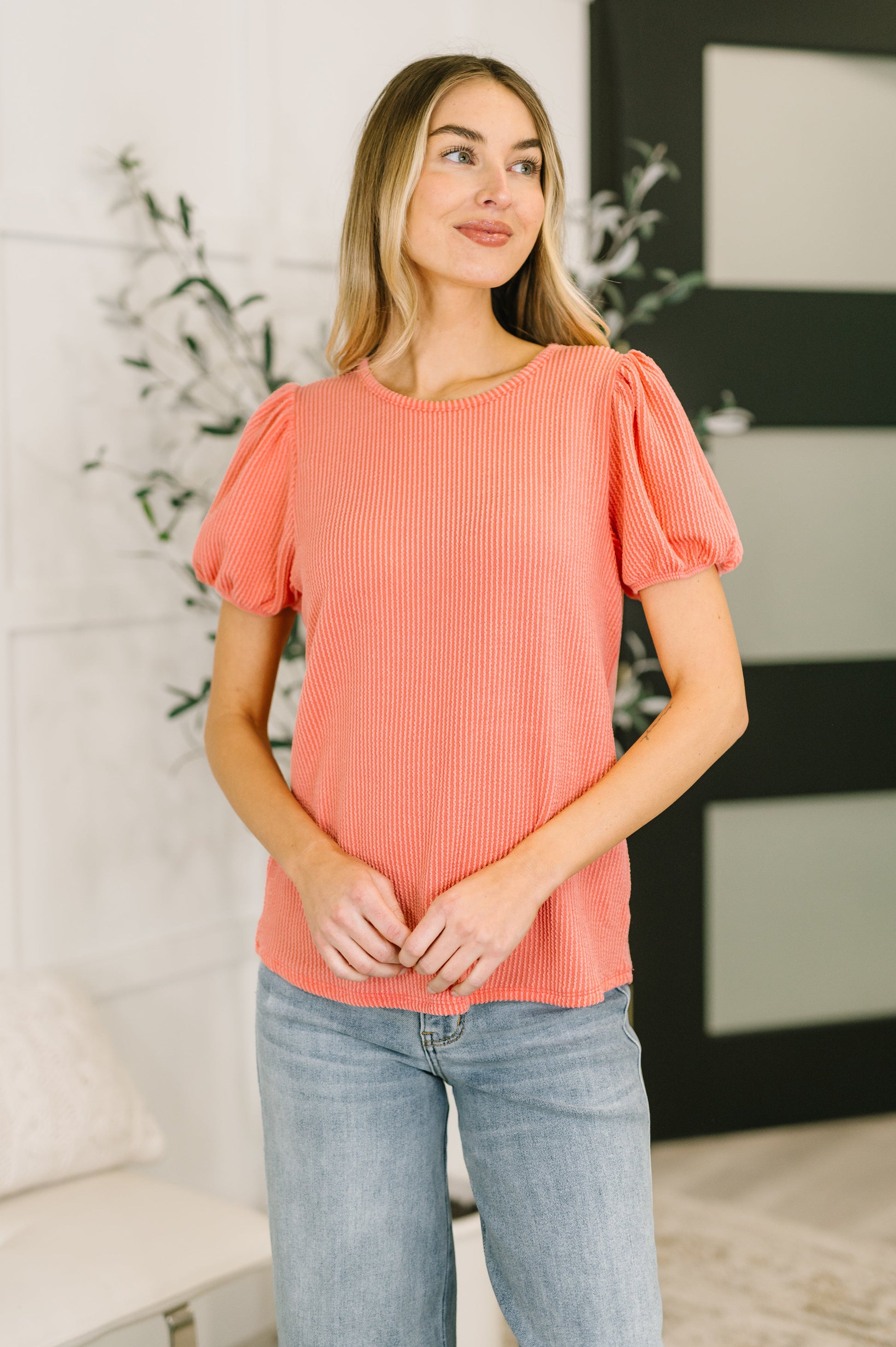 Grace & Virtue balloon sleeve blouse in coral cable ribbed knit