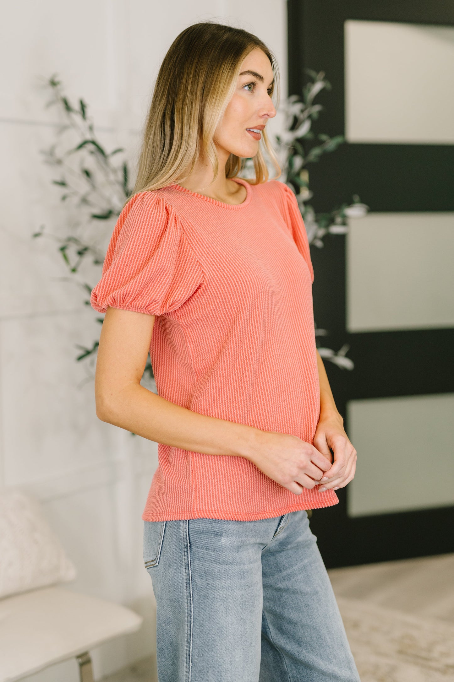 Grace & Virtue balloon sleeve blouse in coral cable ribbed knit – alternate view 4