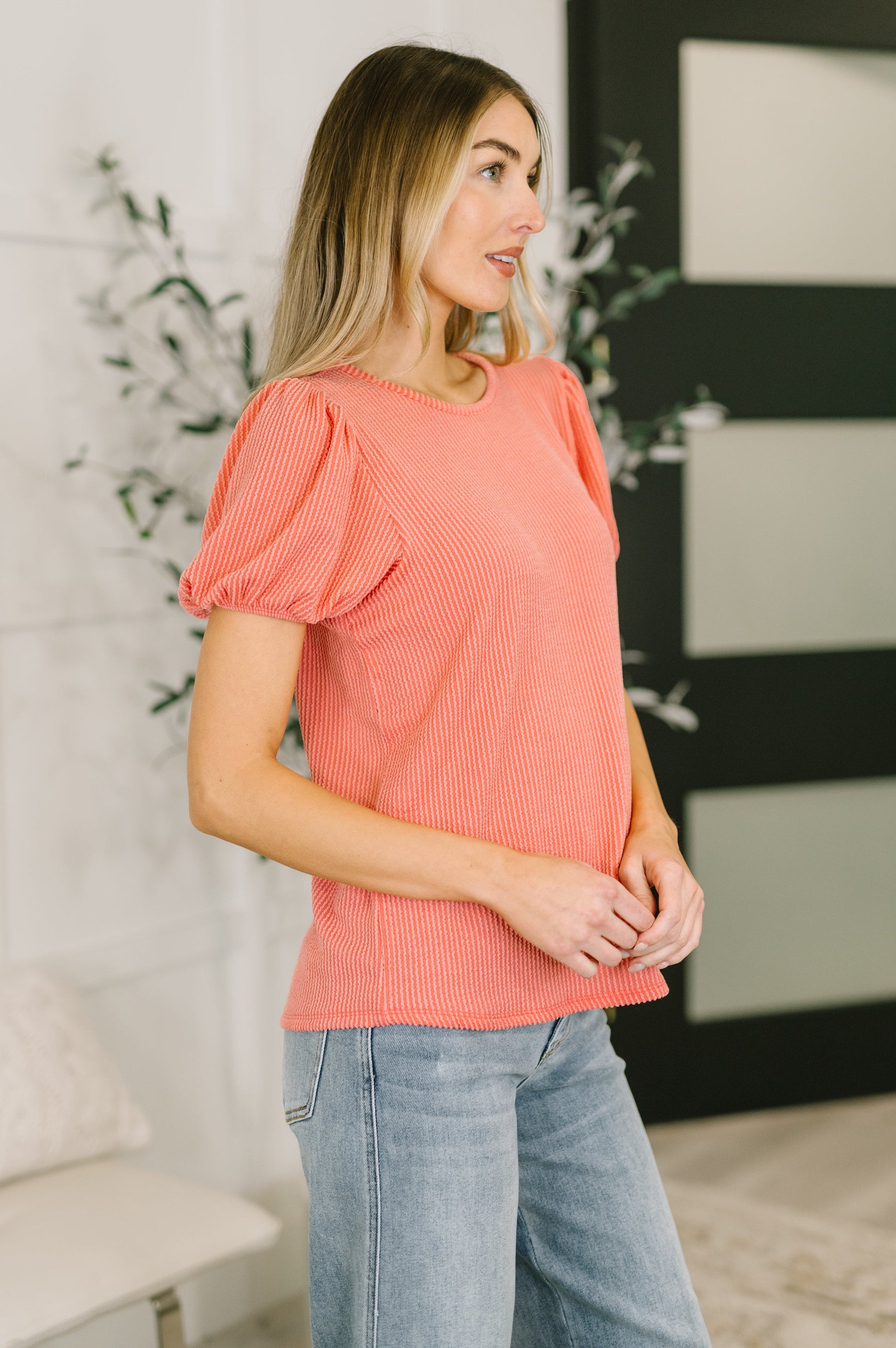 Grace & Virtue balloon sleeve blouse in coral cable ribbed knit – alternate view 4