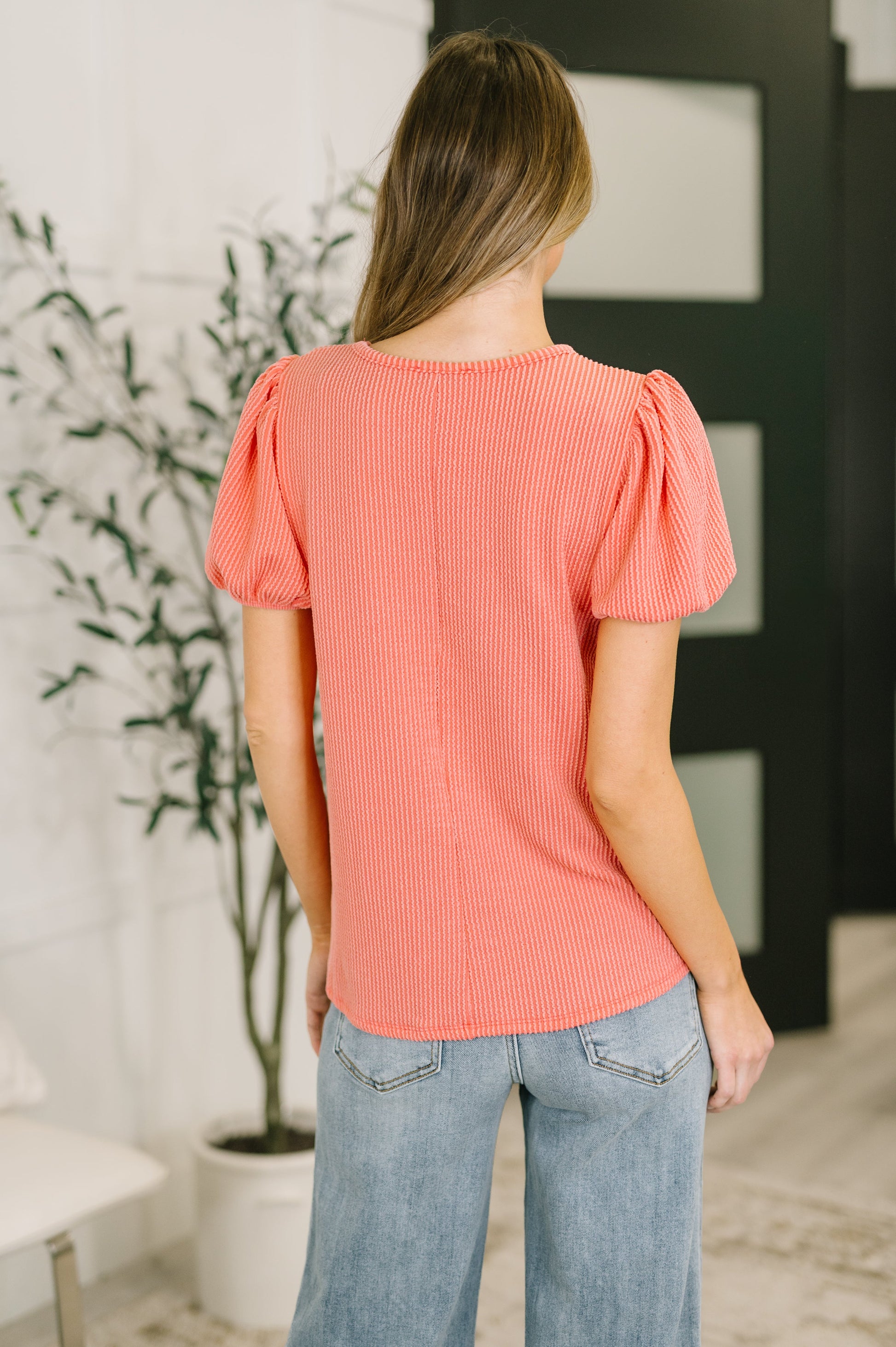 Grace & Virtue balloon sleeve blouse in coral cable ribbed knit – alternate view 5