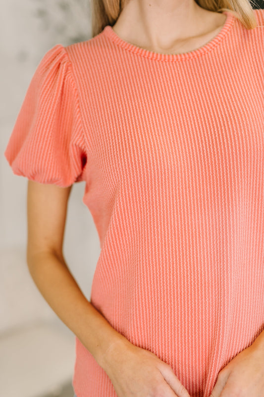 Grace & Virtue balloon sleeve blouse in coral cable ribbed knit – alternate view 2