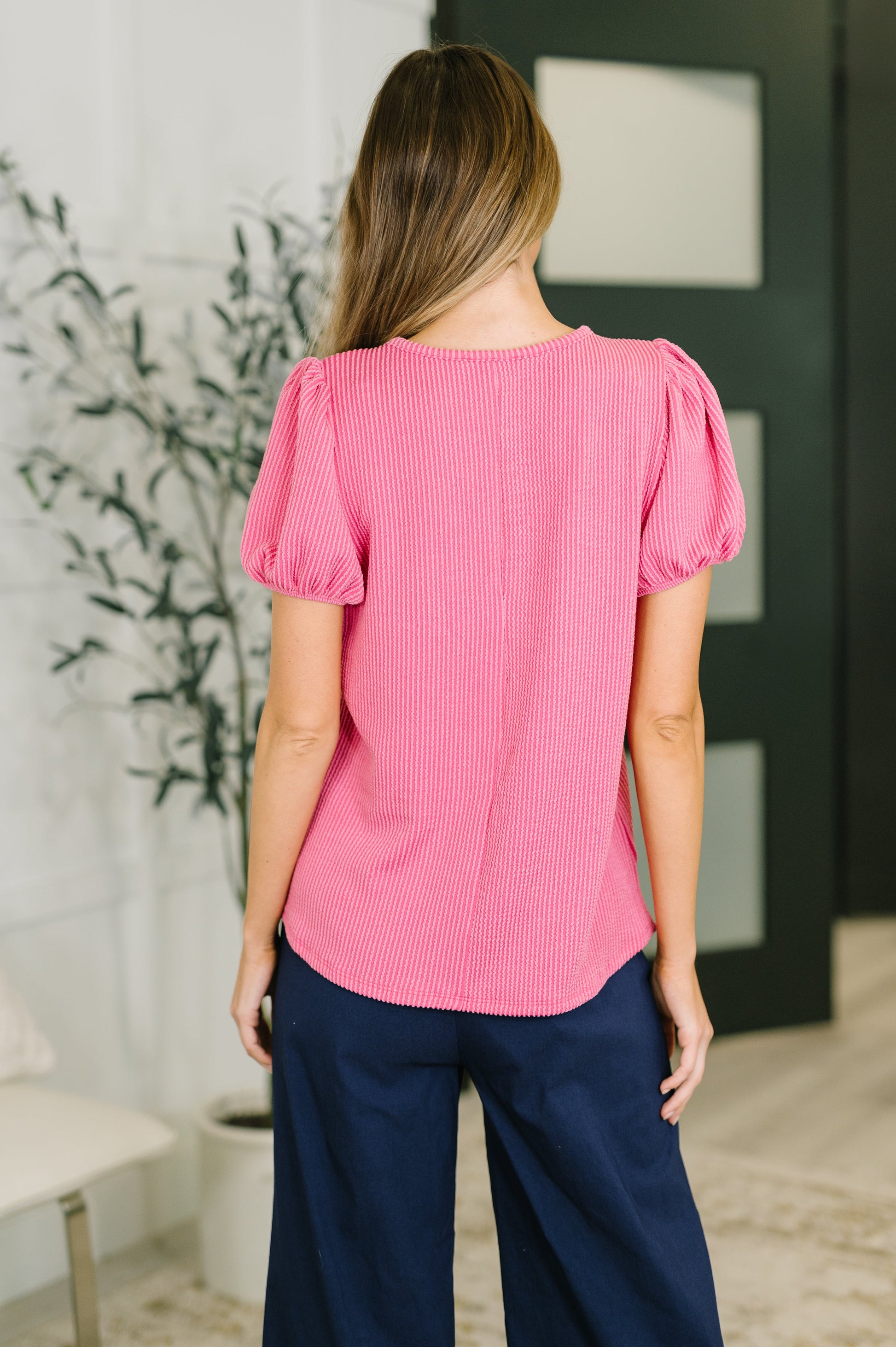 Grace & Virtue balloon sleeve blouse in fuchsia cable ribbed knit – alternate view 4