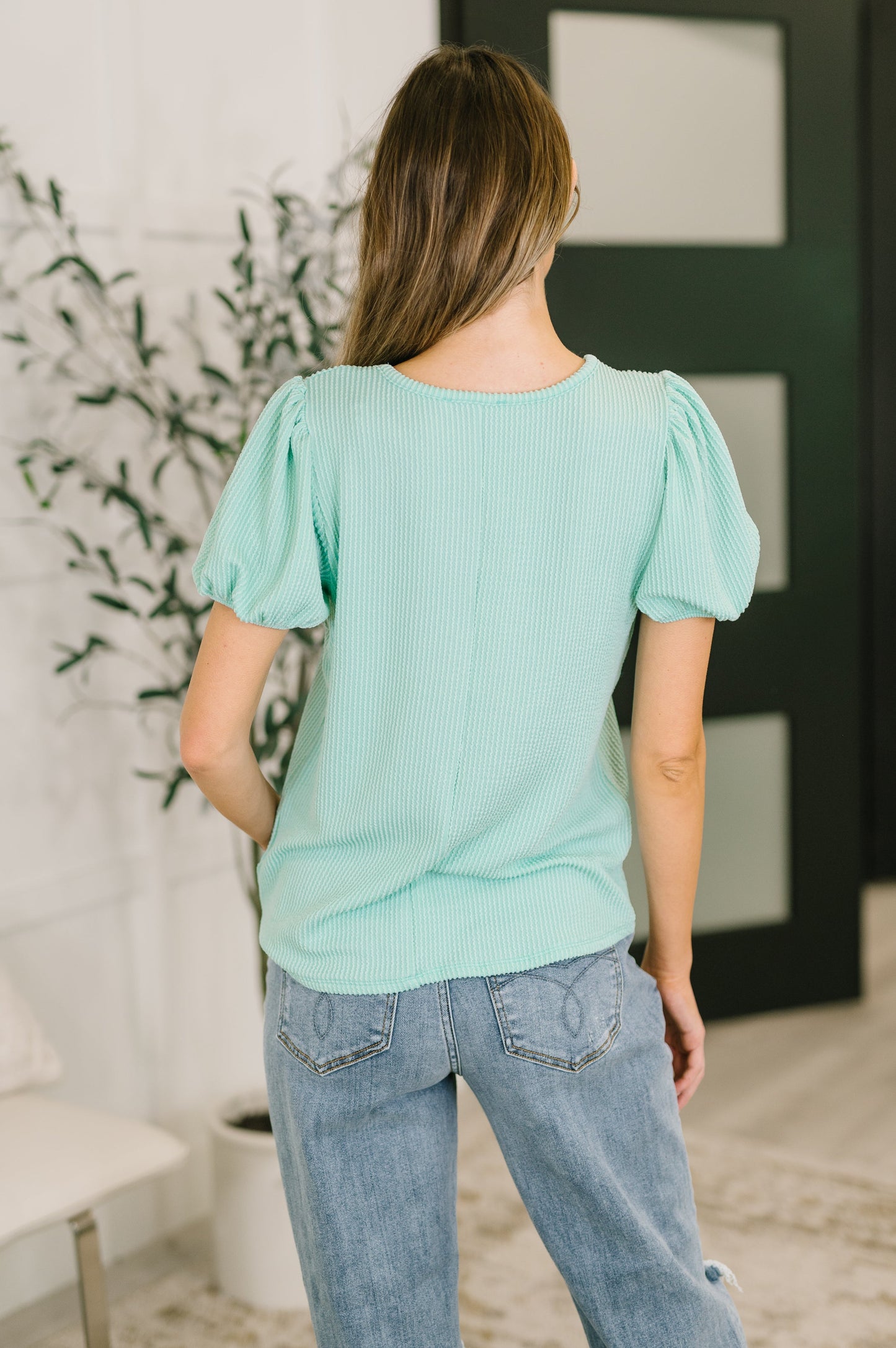 Grace & Virtue balloon sleeve blouse in mint cable ribbed knit – alternate view 5