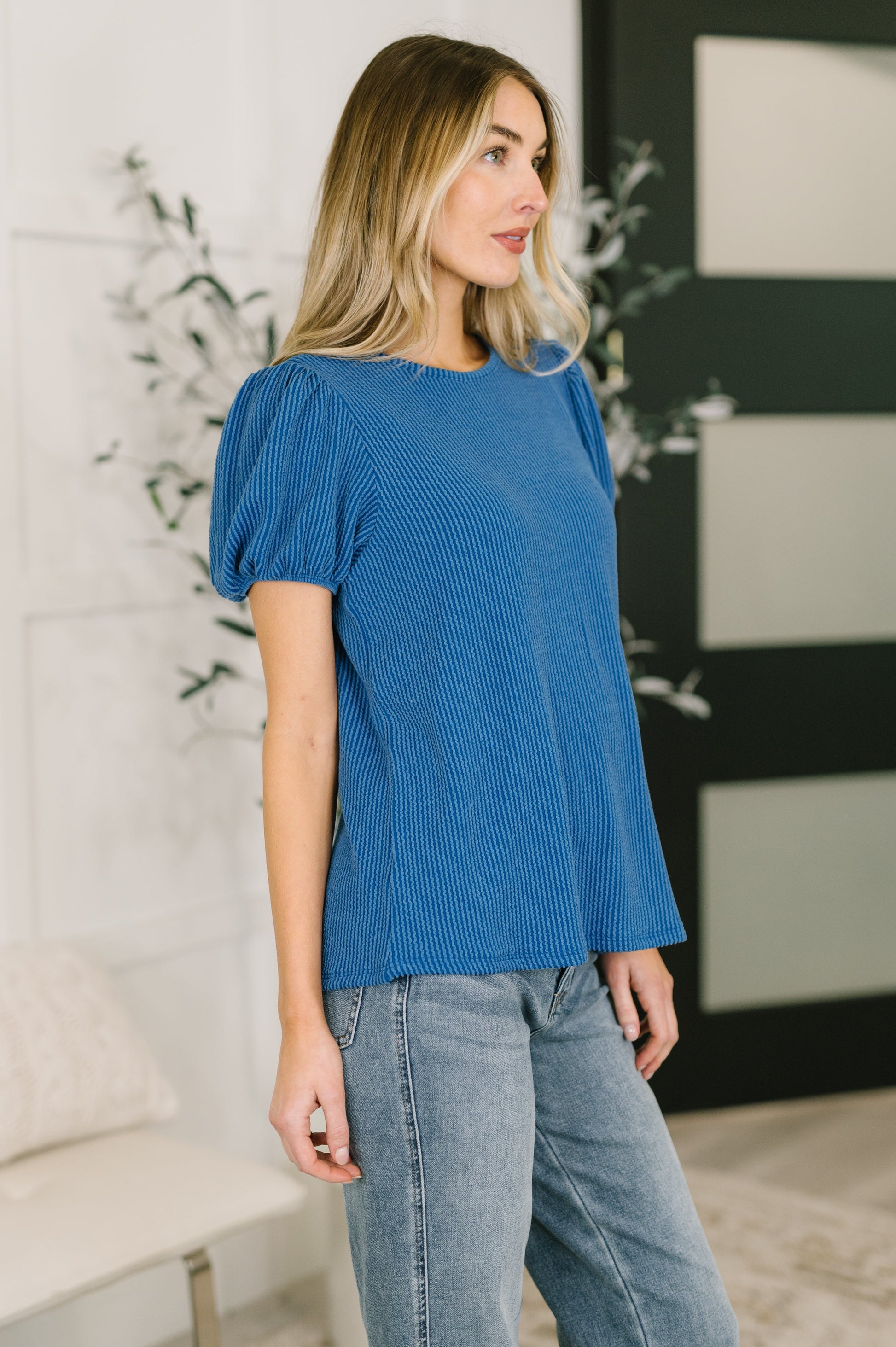 Grace & Virtue balloon sleeve blouse in ocean blue cable ribbed knit – alternate view 4
