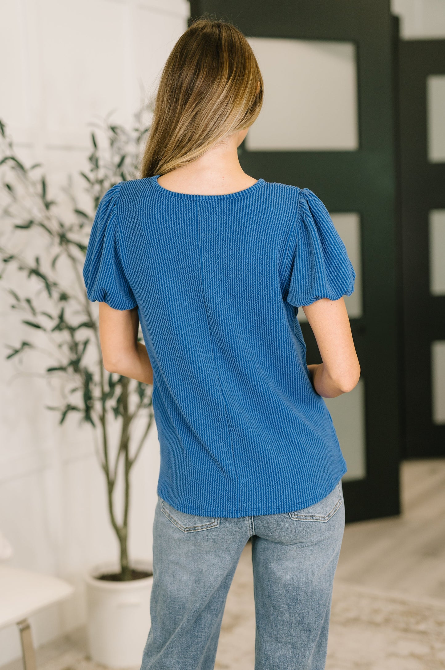 Grace & Virtue balloon sleeve blouse in ocean blue cable ribbed knit – alternate view 5