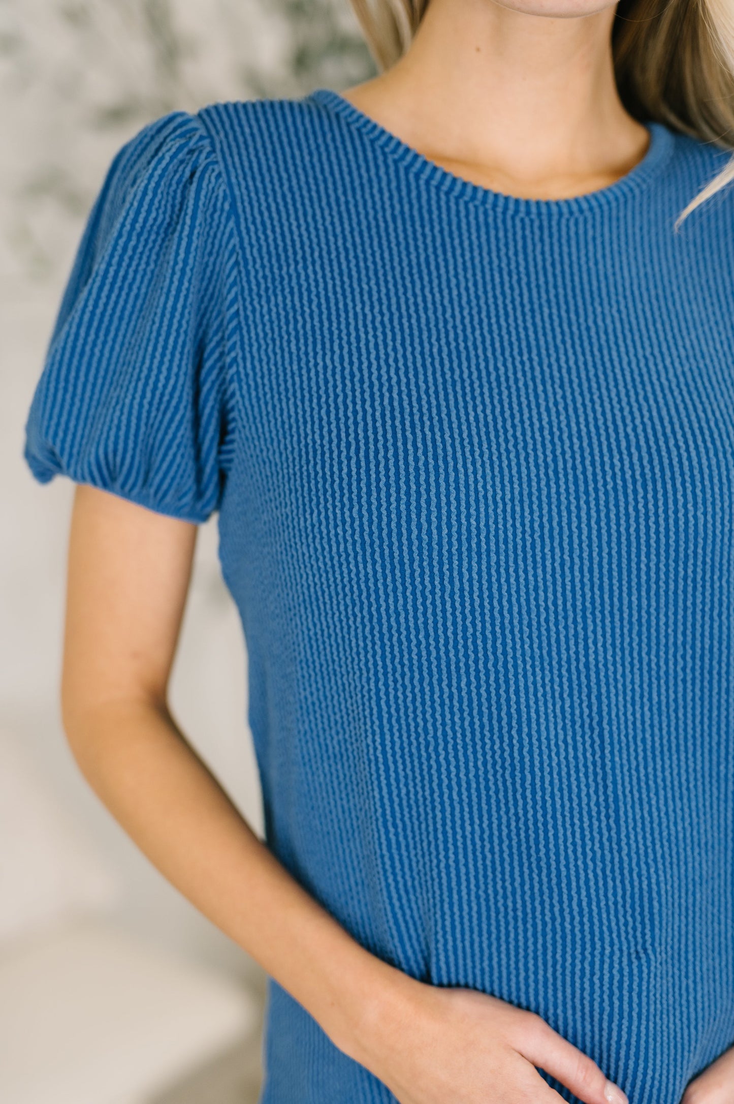 Grace & Virtue balloon sleeve blouse in ocean blue cable ribbed knit – alternate view 2