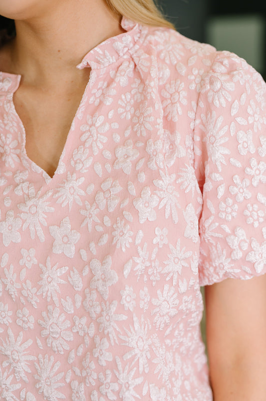 Growing Together Notch Neck Puff Sleeve Top – textured woven fabric, no stretch – alternate view 2