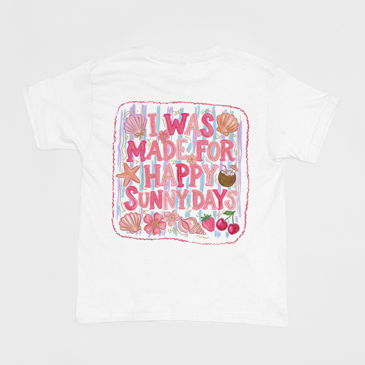 White t-shirt with colorful text and graphics on a white background