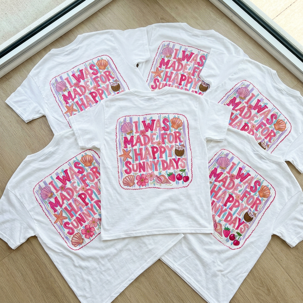 White t-shirts with colorful graphics and text on a wooden surface