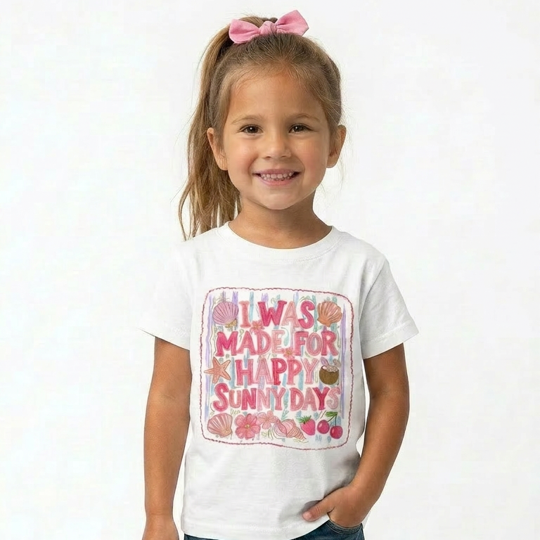 Young girl wearing a white t-shirt with colorful text and graphics, denim shorts, and pink shoes on a white background.