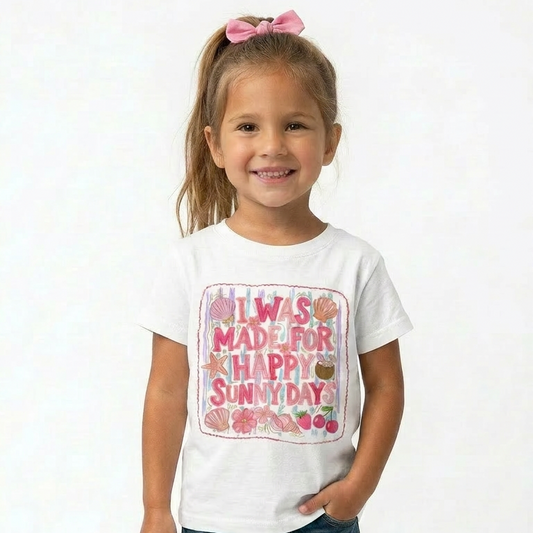 Young girl wearing a white t-shirt with colorful text and graphics, denim shorts, and pink shoes on a white background.