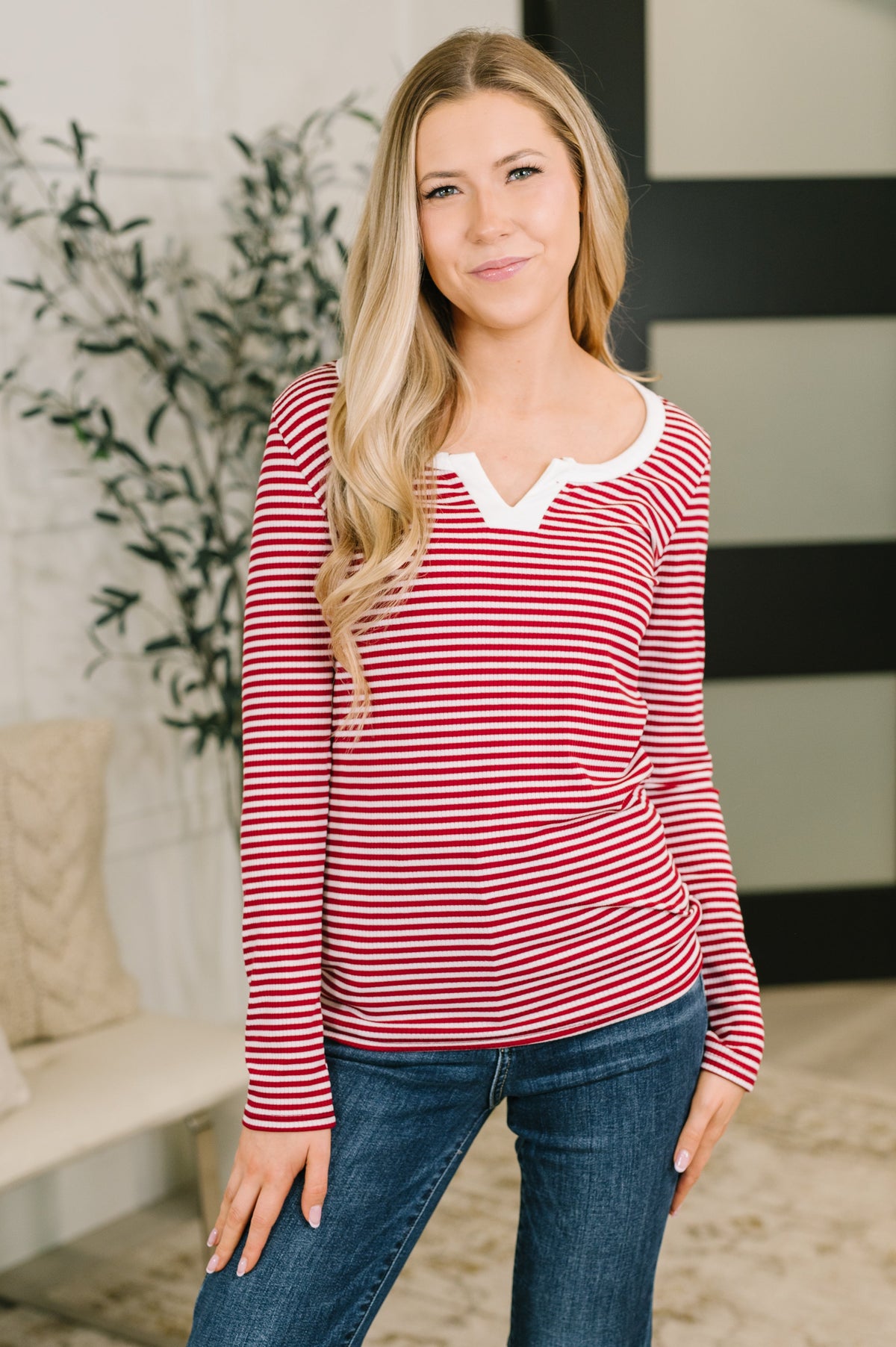 Here, There, Everywhere Split Neck Top in Burgundy, ribbed knit