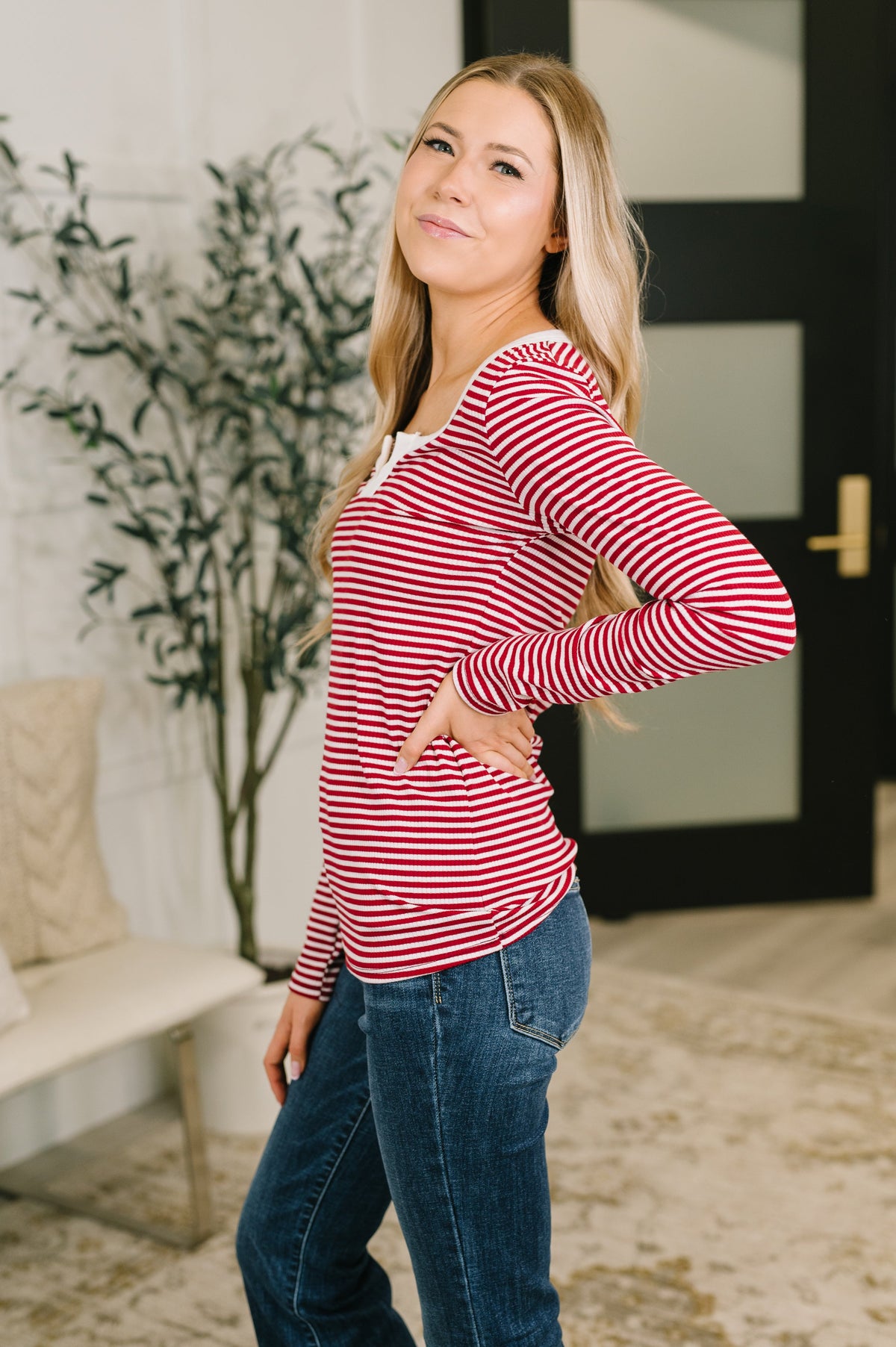 Here, There, Everywhere Split Neck Top in Burgundy, ribbed knit – alternate view 4