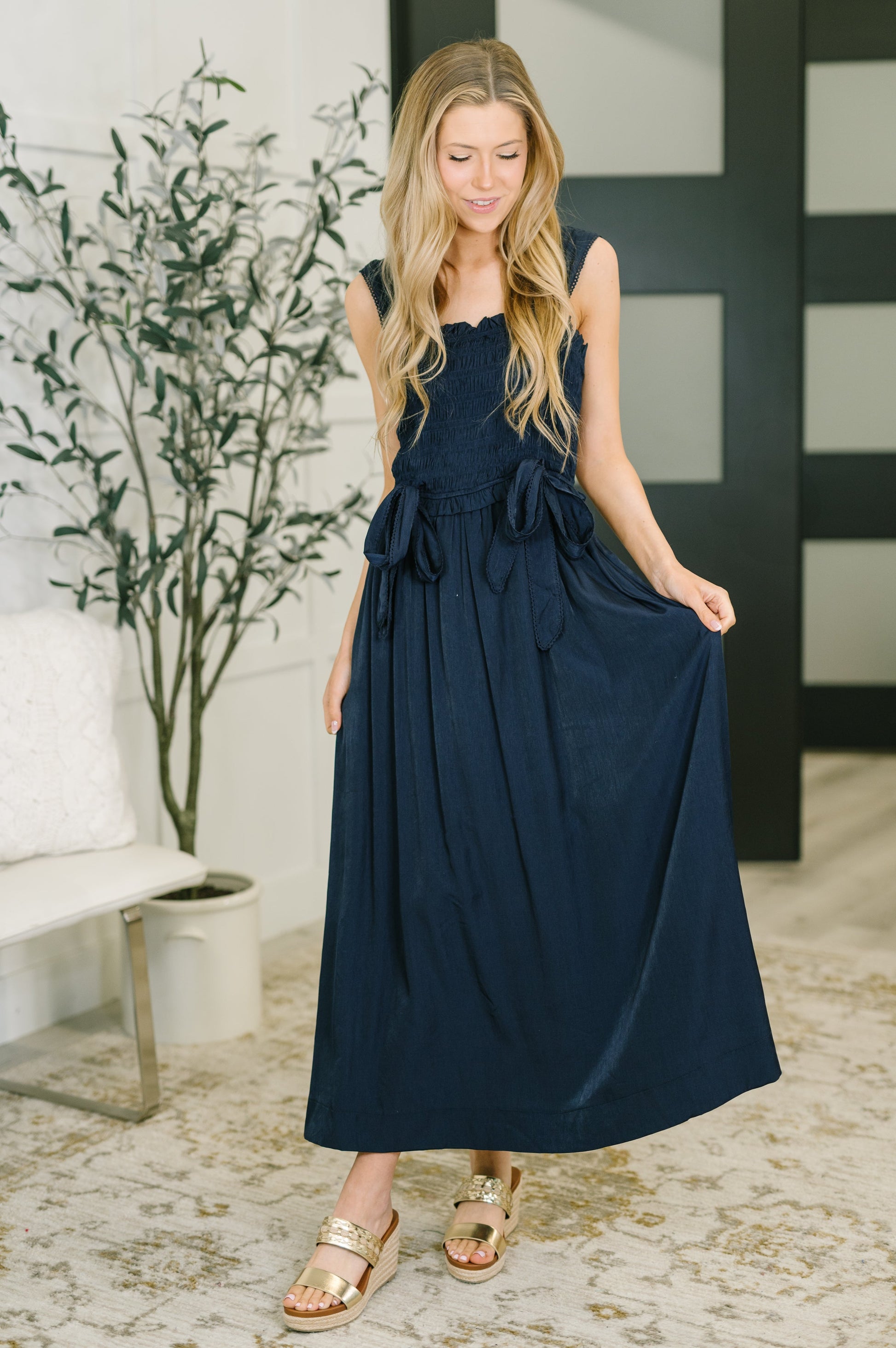 Hold Me Down midi dress in navy poplin – alternate view 3