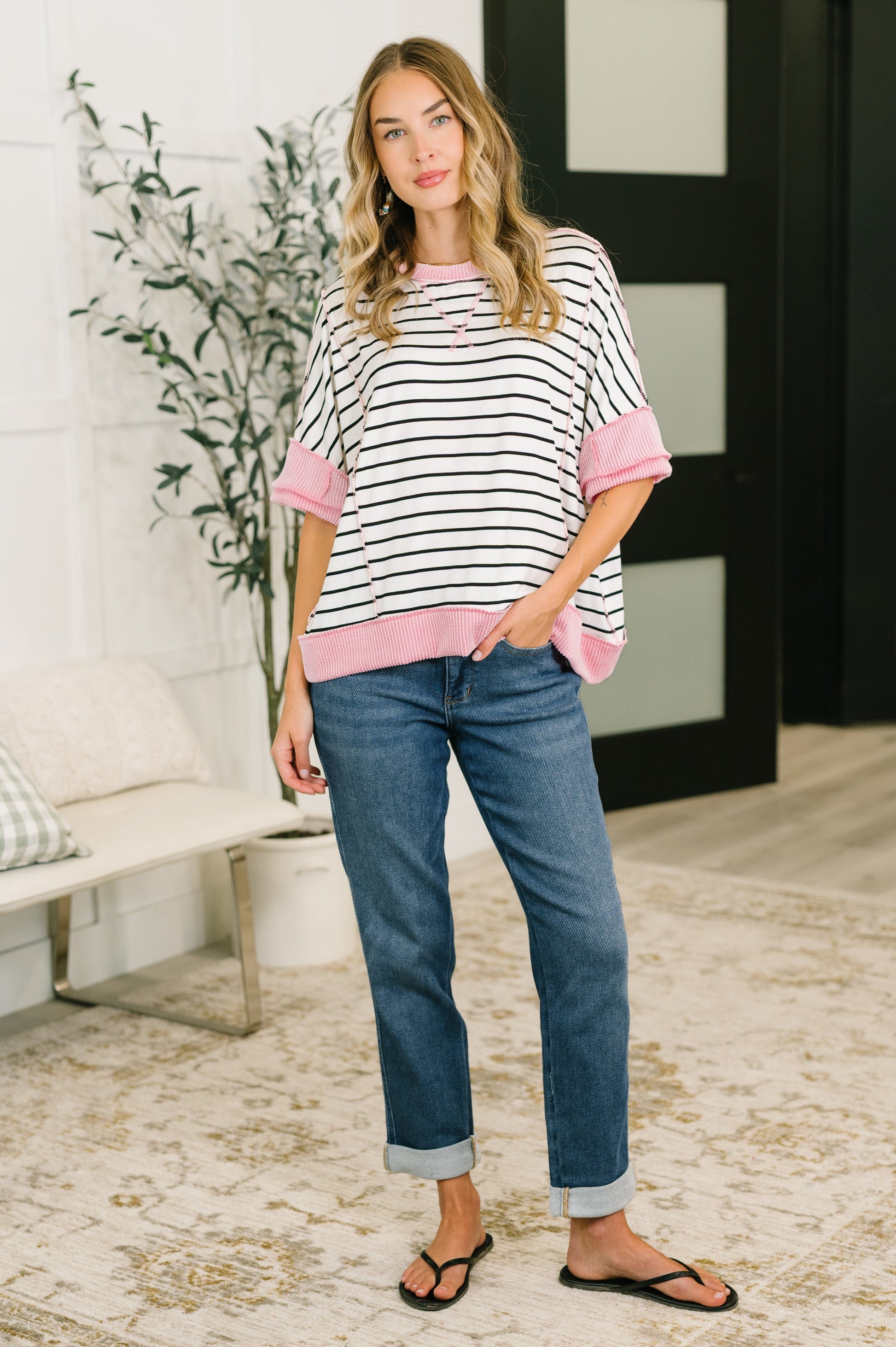 Human Nature contrast detail top in cable ribbed knit – alternate view 3