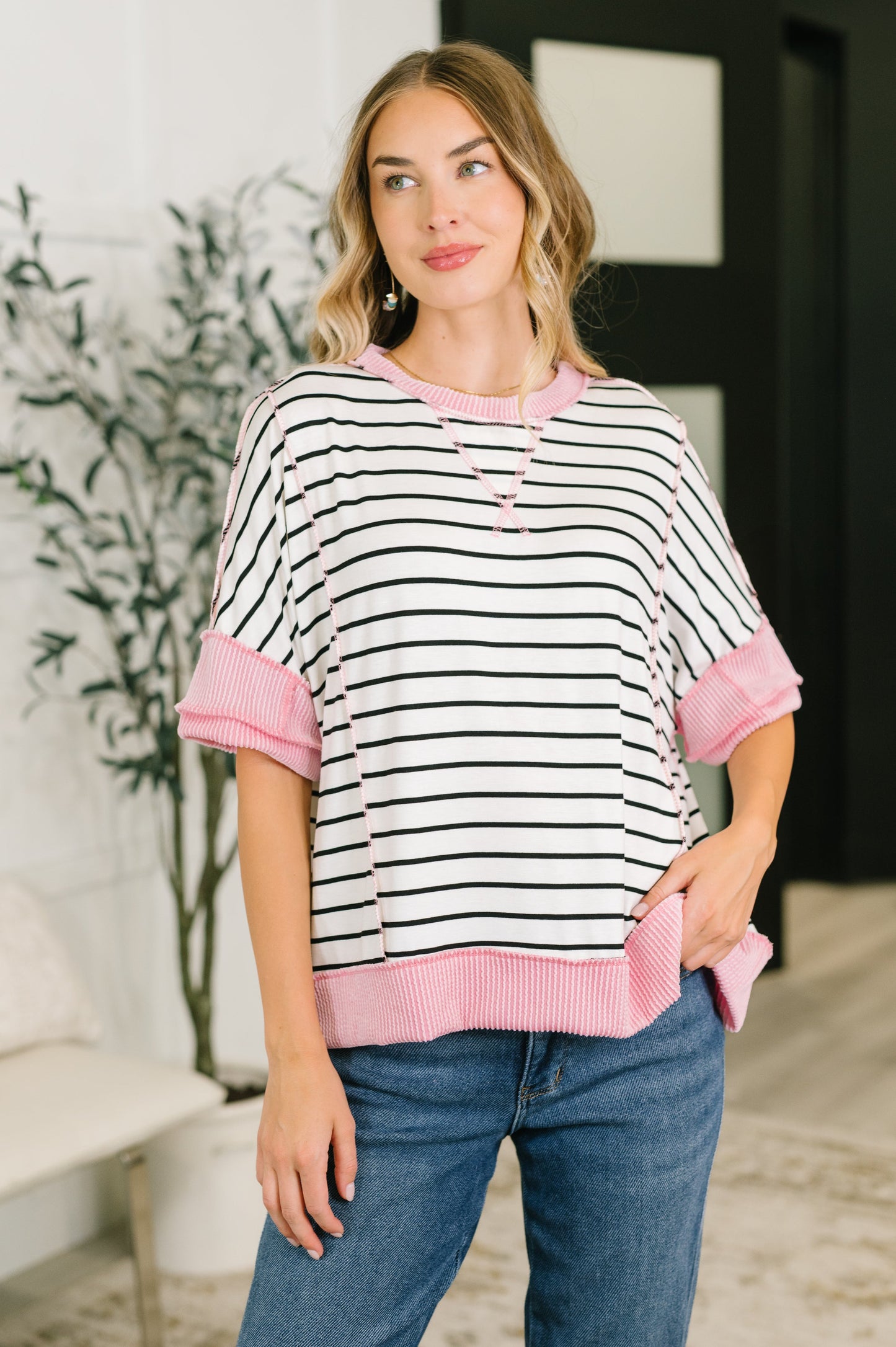 Human Nature contrast detail top in cable ribbed knit