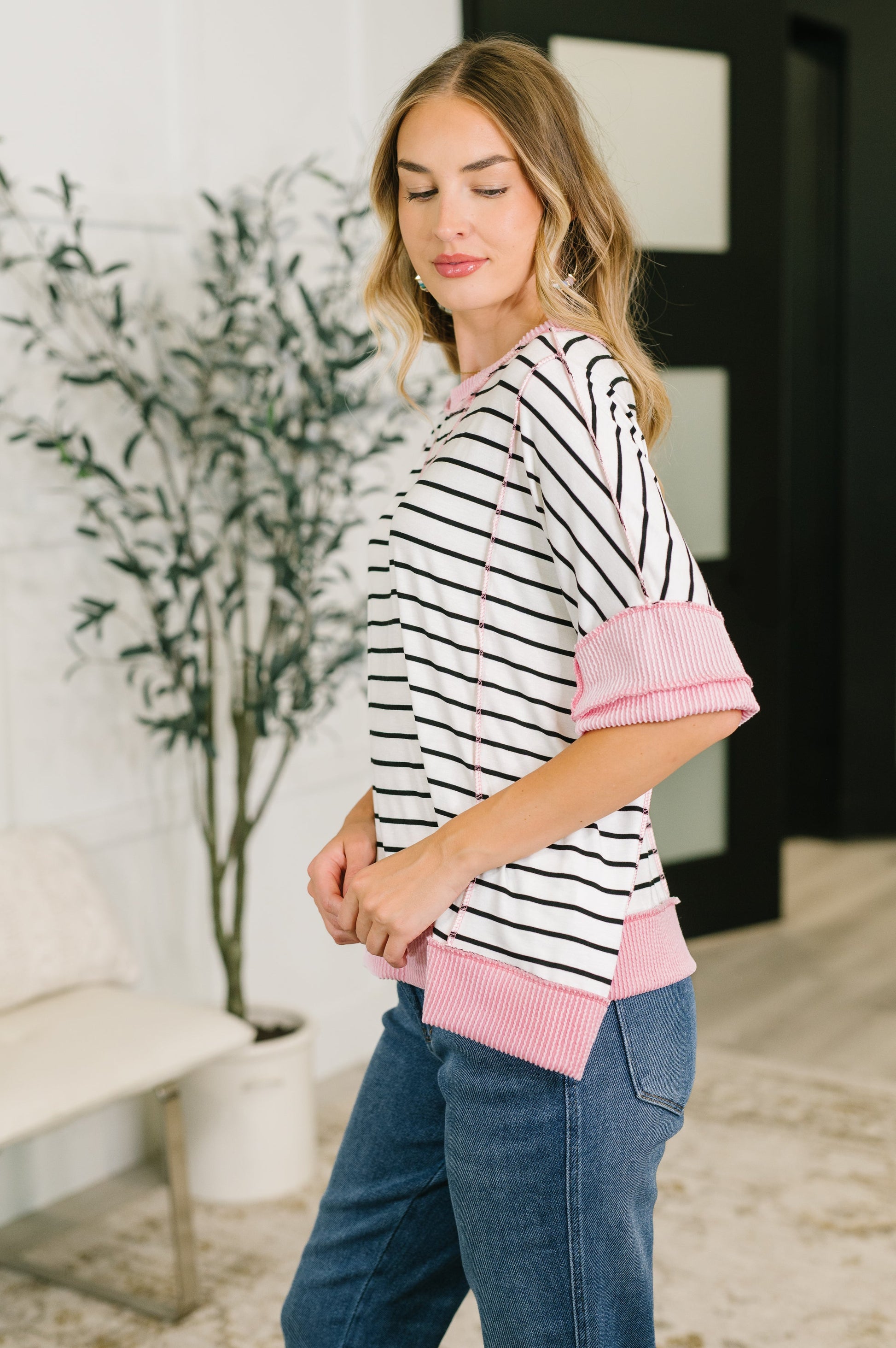 Human Nature contrast detail top in cable ribbed knit – alternate view 4