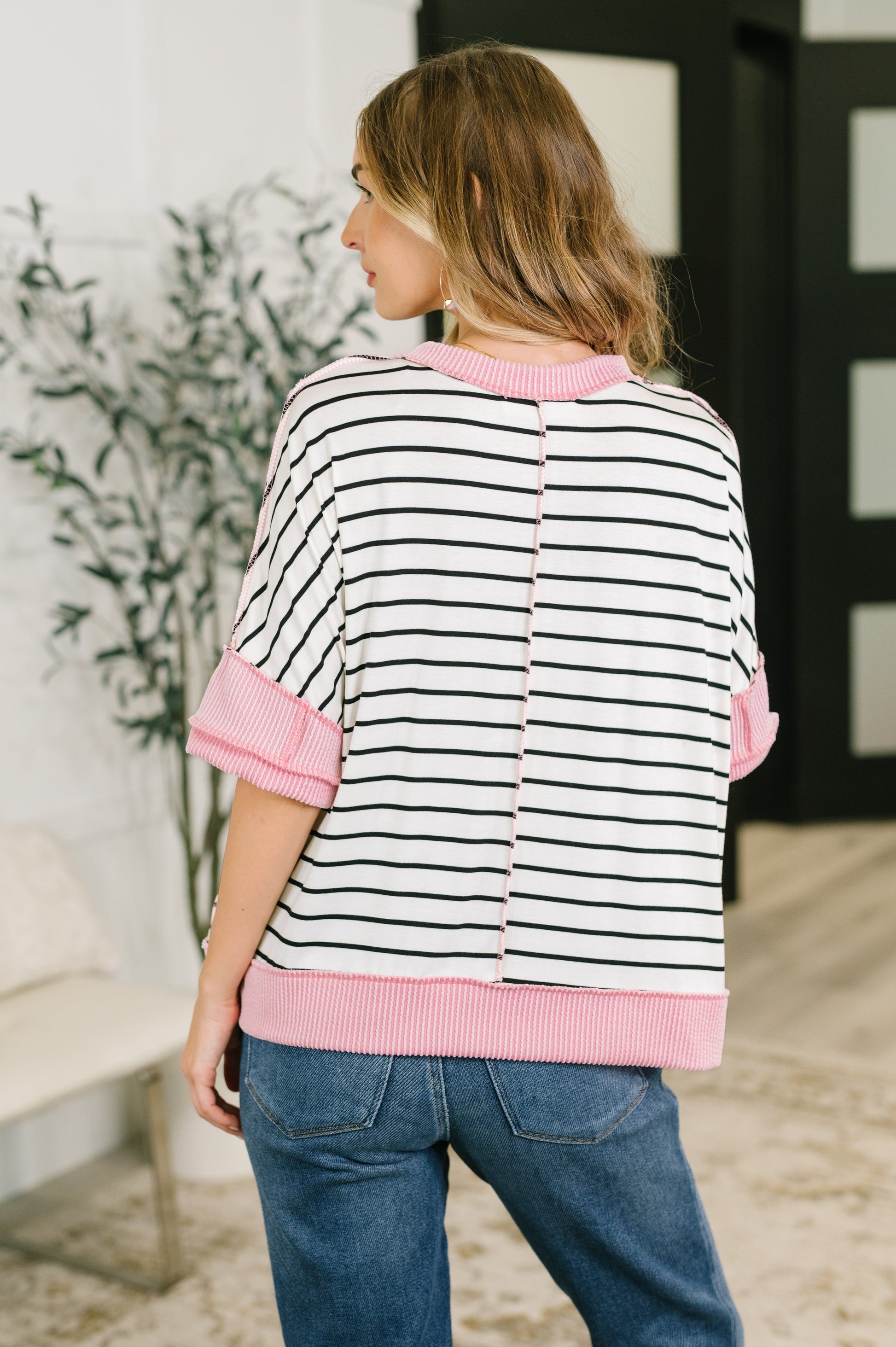 Human Nature contrast detail top in cable ribbed knit – alternate view 5
