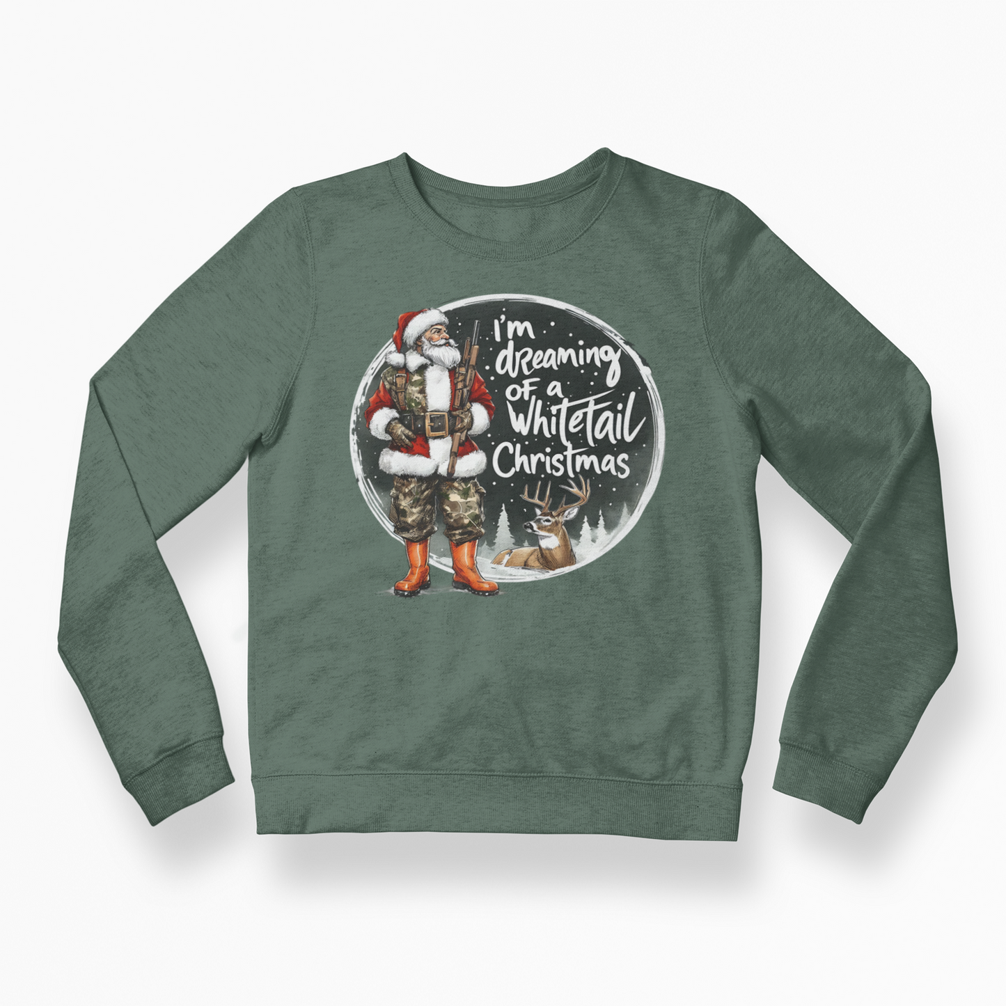 Green sweatshirt with Santa Claus and deer graphic on a white background