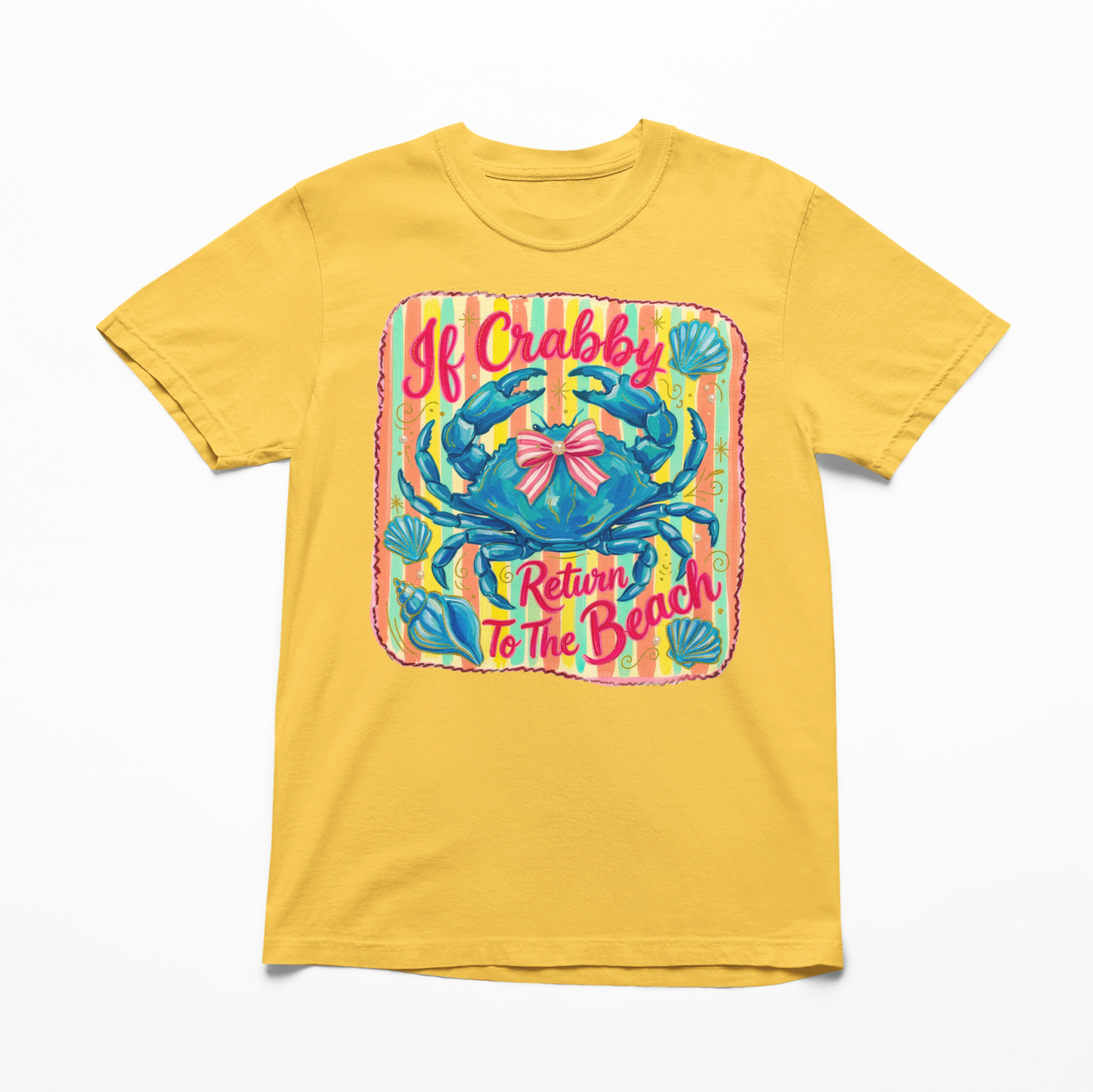 Yellow t-shirt with a colorful graphic of a crab and text on a white background