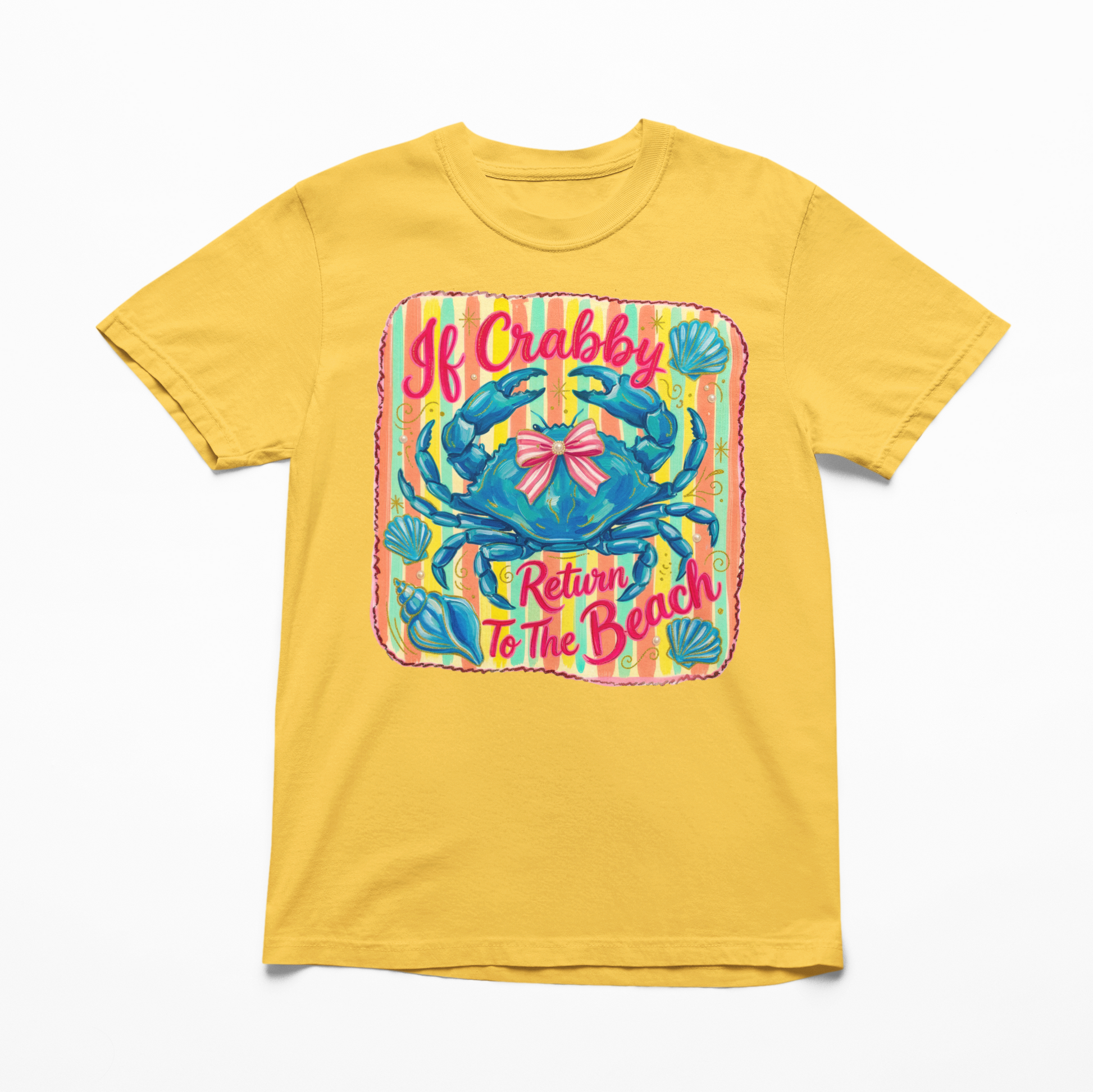 Yellow t-shirt with a colorful graphic of a crab and text on a white background