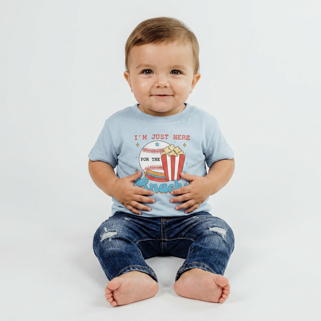 Baby wearing a blue t-shirt with text and graphics, sitting on a white background