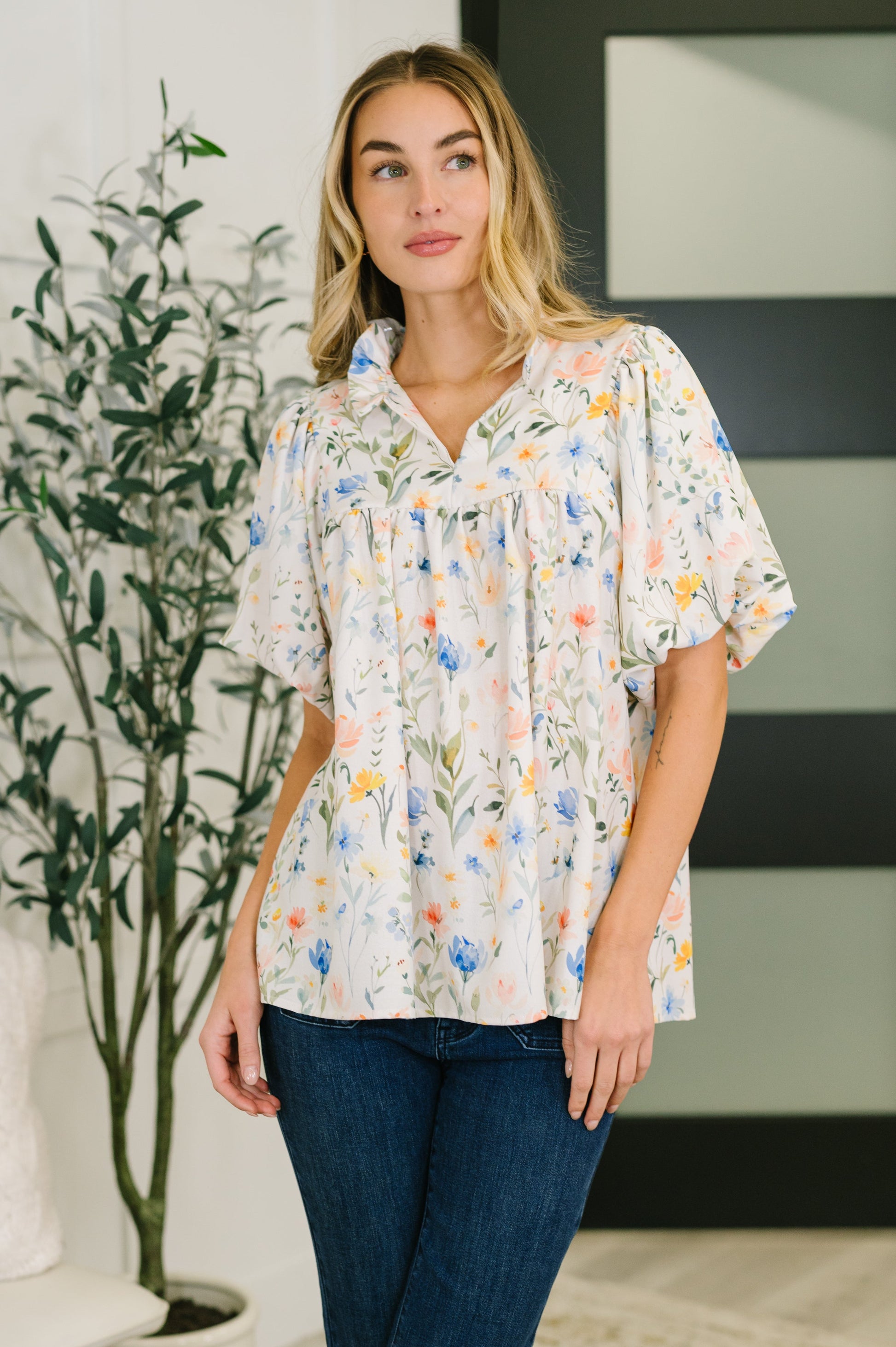 In All This Time notch neck floral blouse in crisp poplin fabric