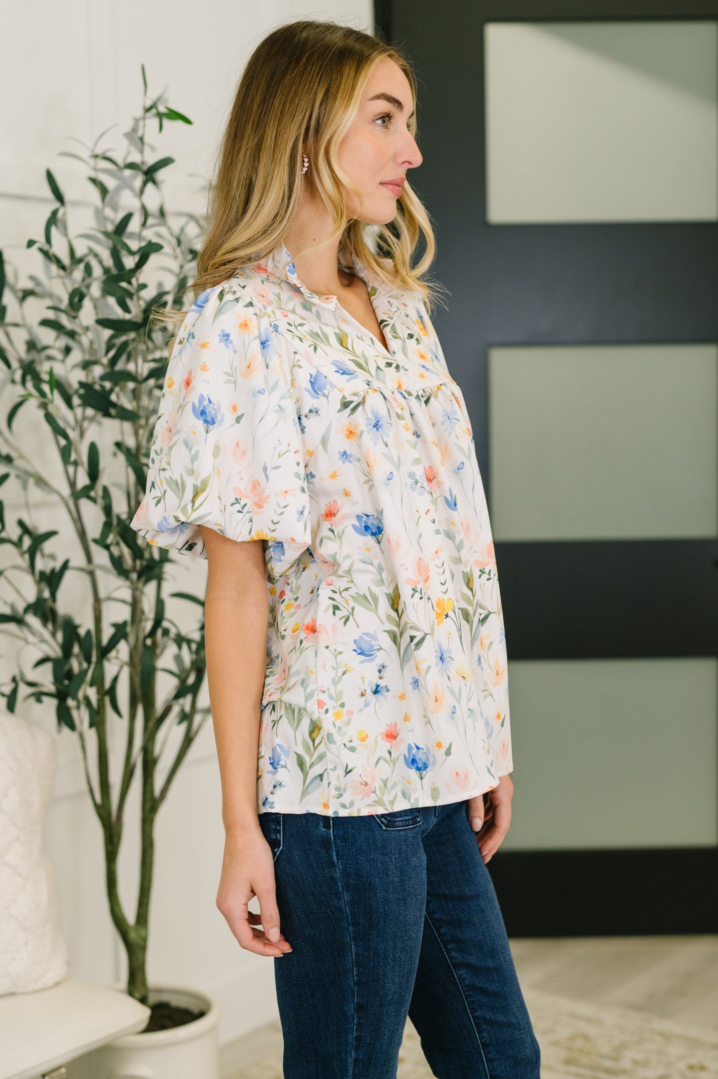 In All This Time notch neck floral blouse in crisp poplin fabric – alternate view 4